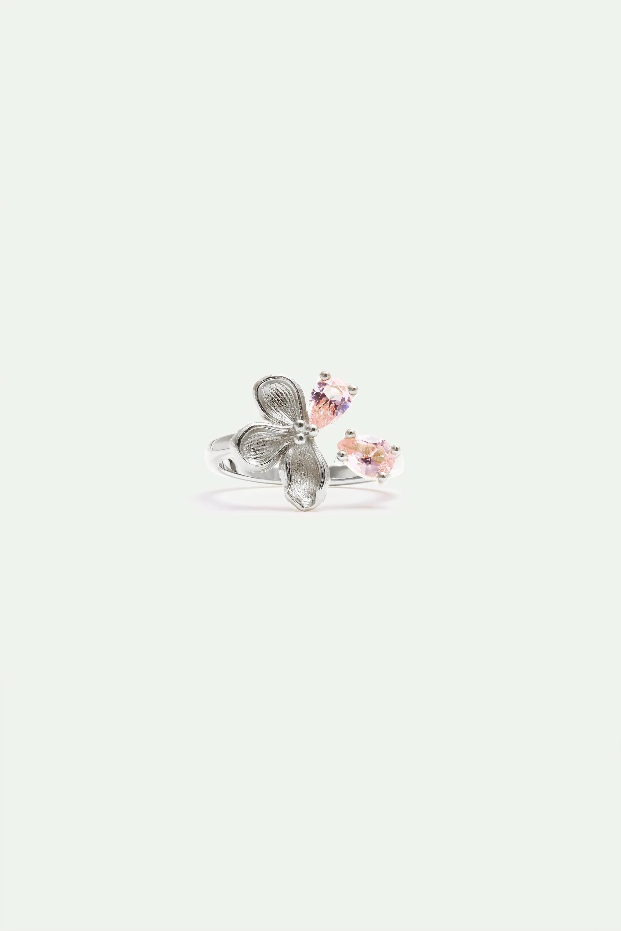 Bague ajustable argentée fleur de cerisier et pierres roses - Image 3