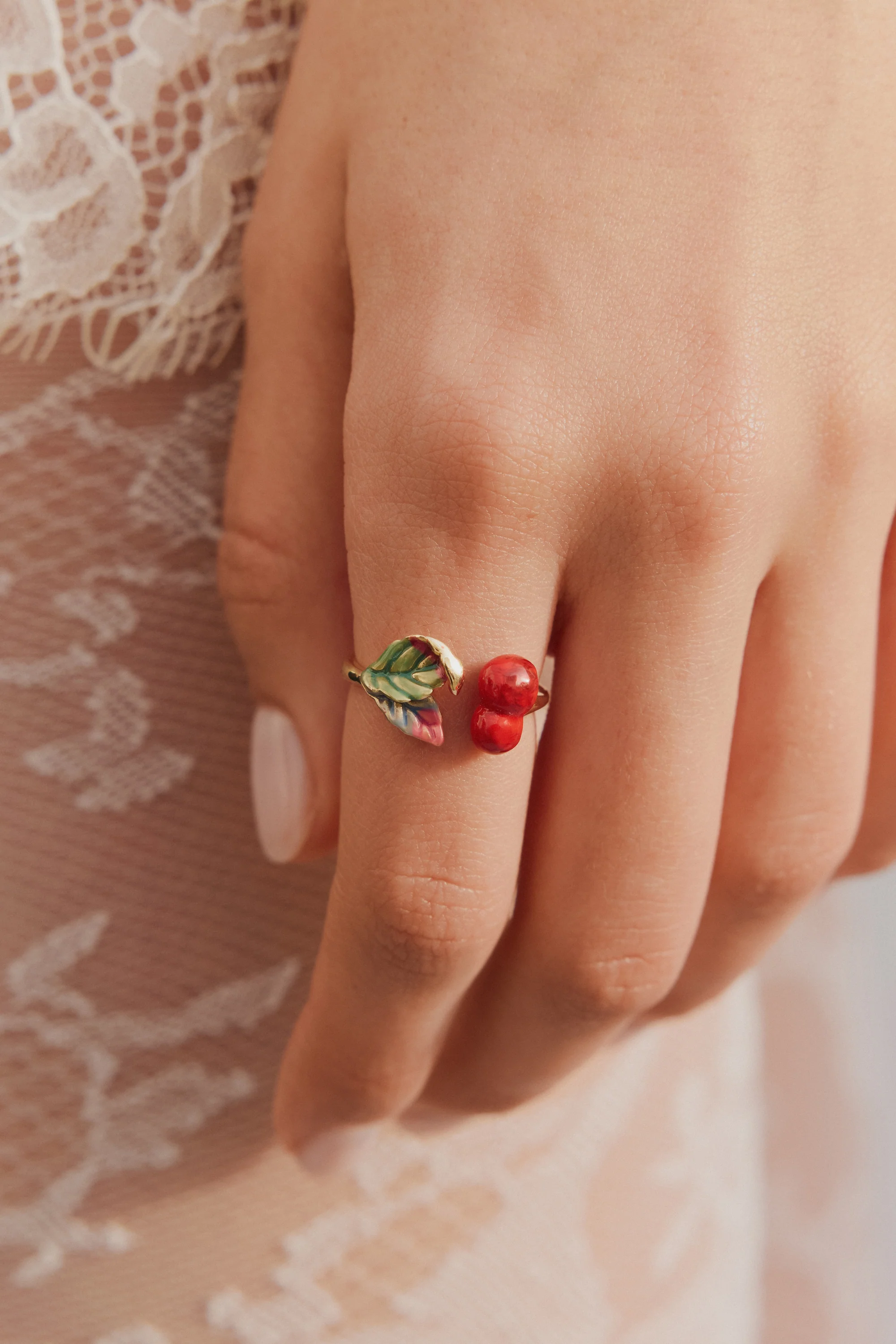 Bague ajustable cerises et feuilles - Image 2