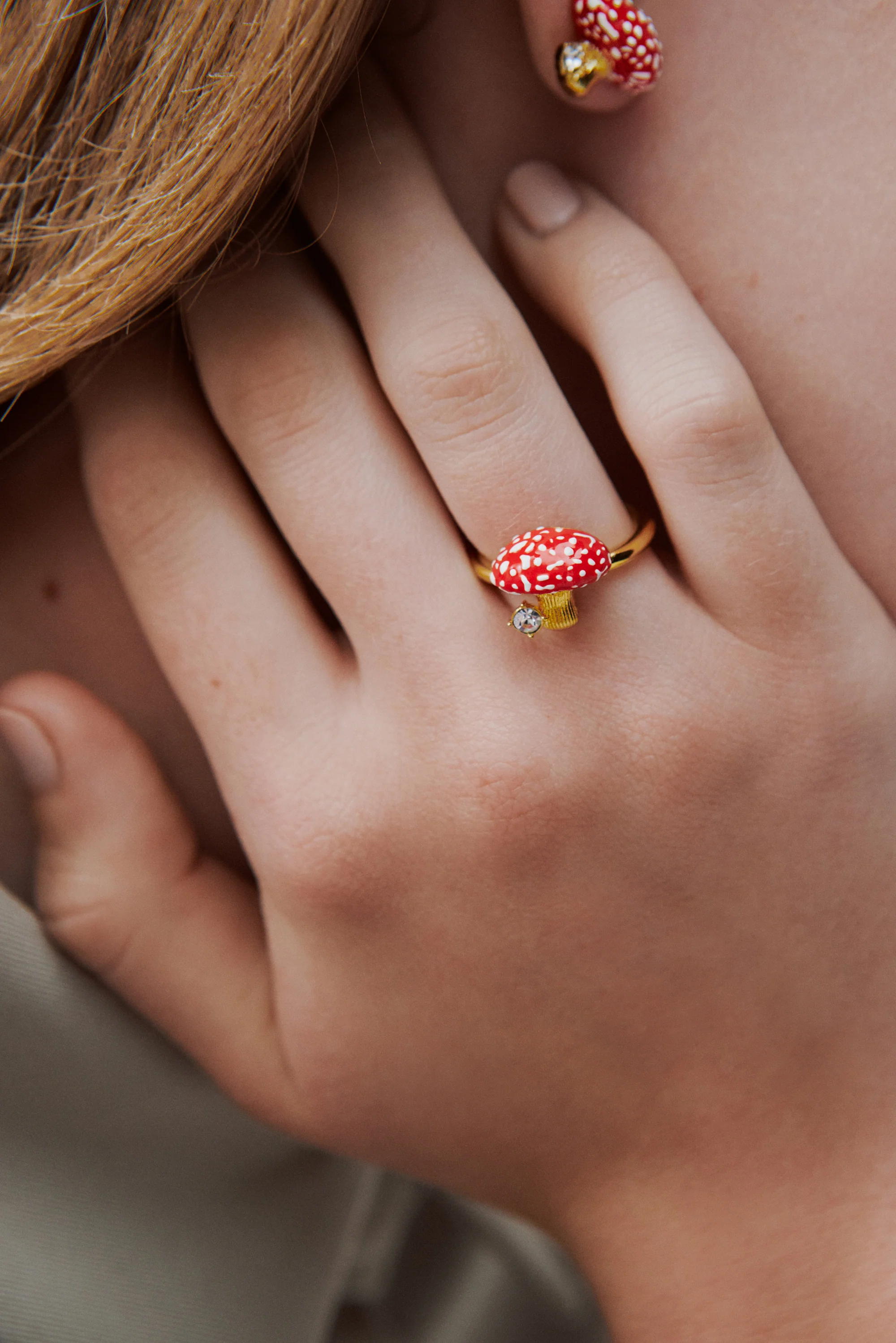 Bague ajustable champignon rouge et doré et cristal facetté - Image 2
