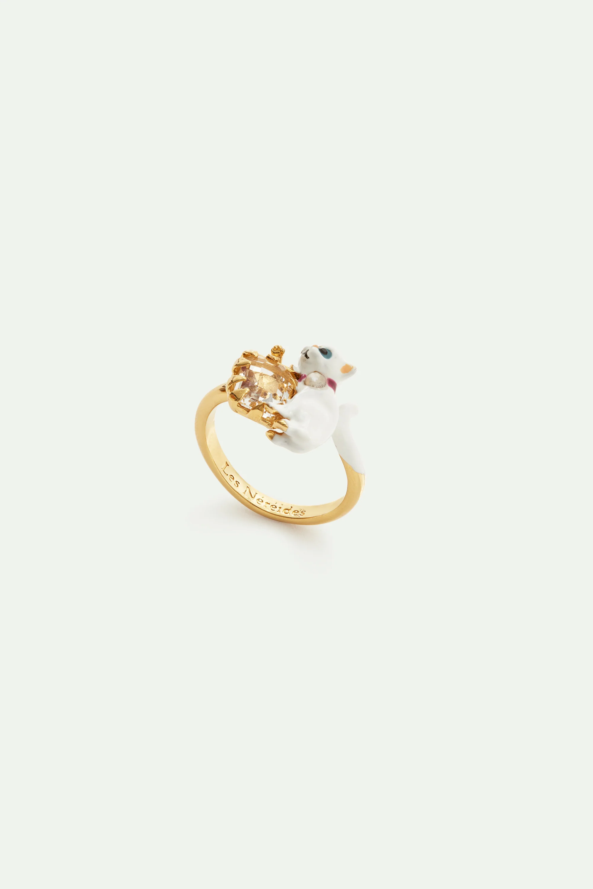 Bague ajustable chat blanc et pierre facettée blanche