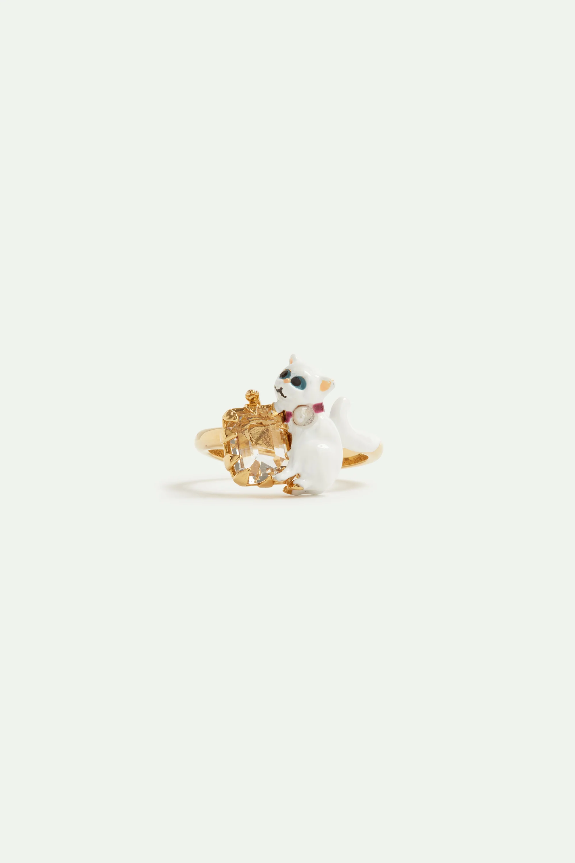 Bague ajustable chat blanc et pierre facettée blanche - Image 2