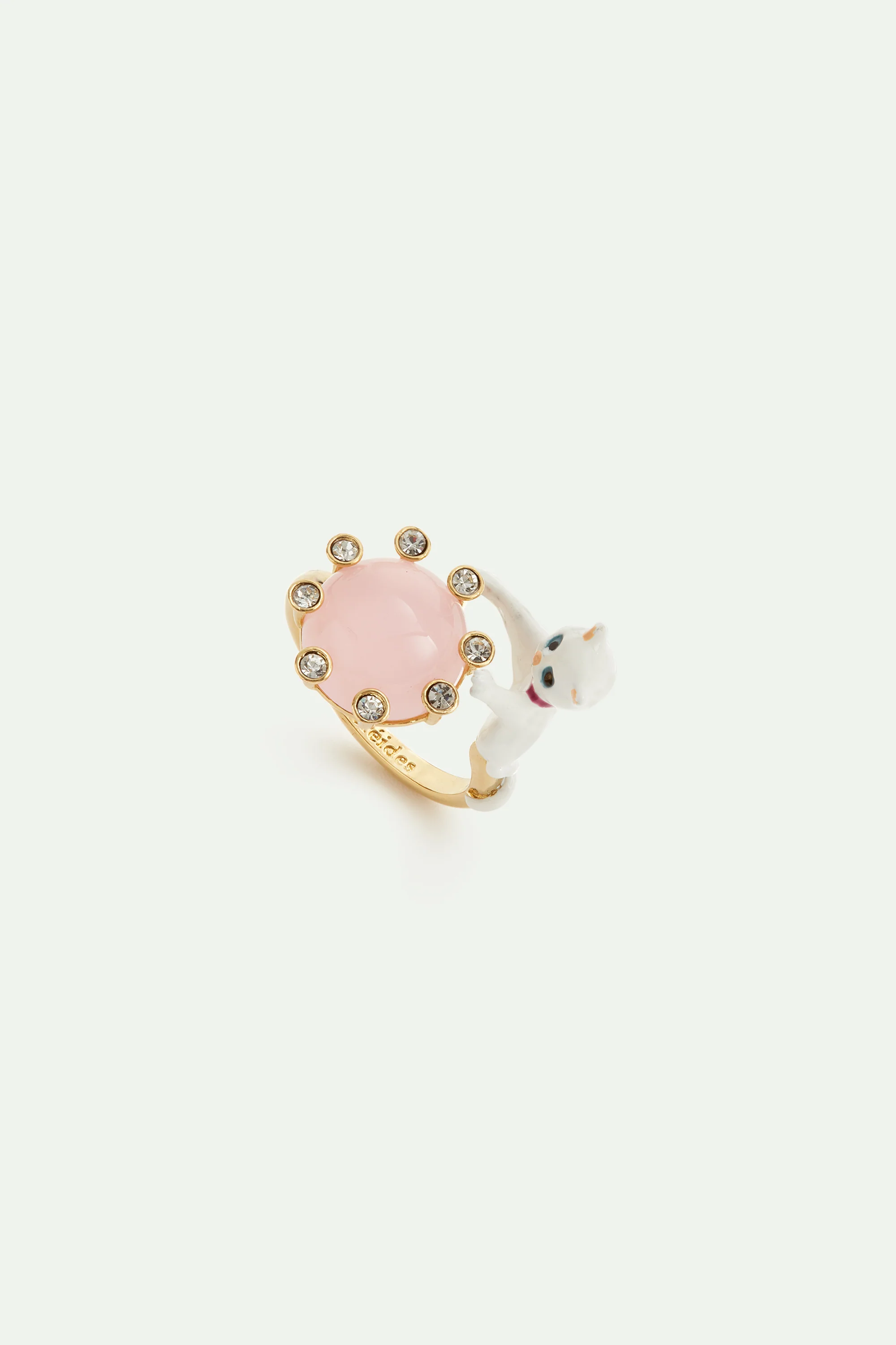 Bague ajustable chat blanc et pierre ronde rose