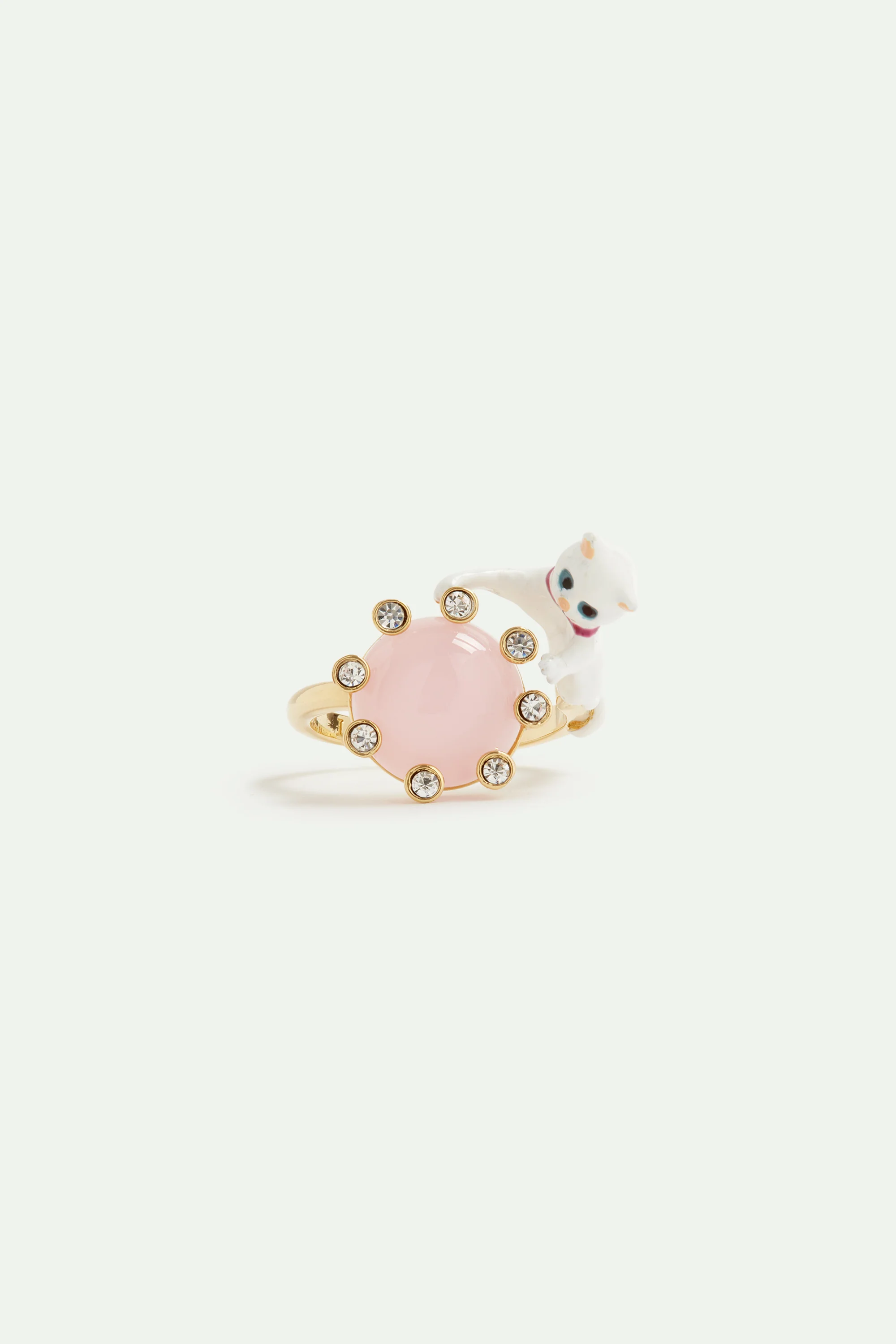 Bague ajustable chat blanc et pierre ronde rose - Image 3
