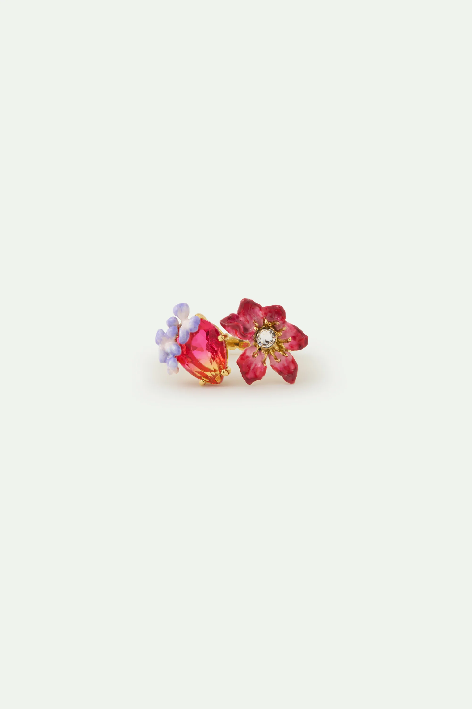 Bague ajustable clématite rose, verre facetté et glycine violette - Image 3