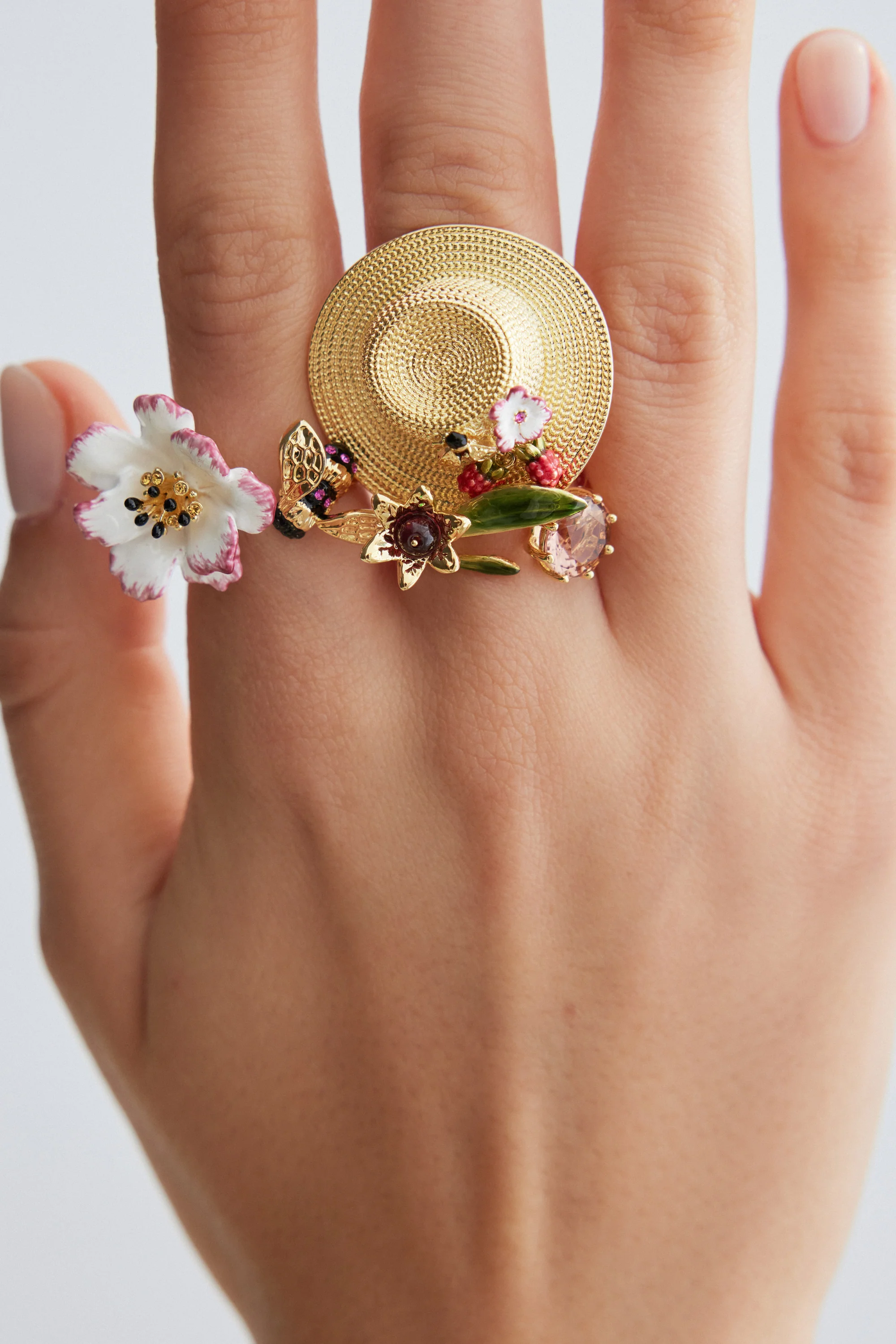 Bague ajustable cosmos blanche et rose et abeille dorée - Image 4