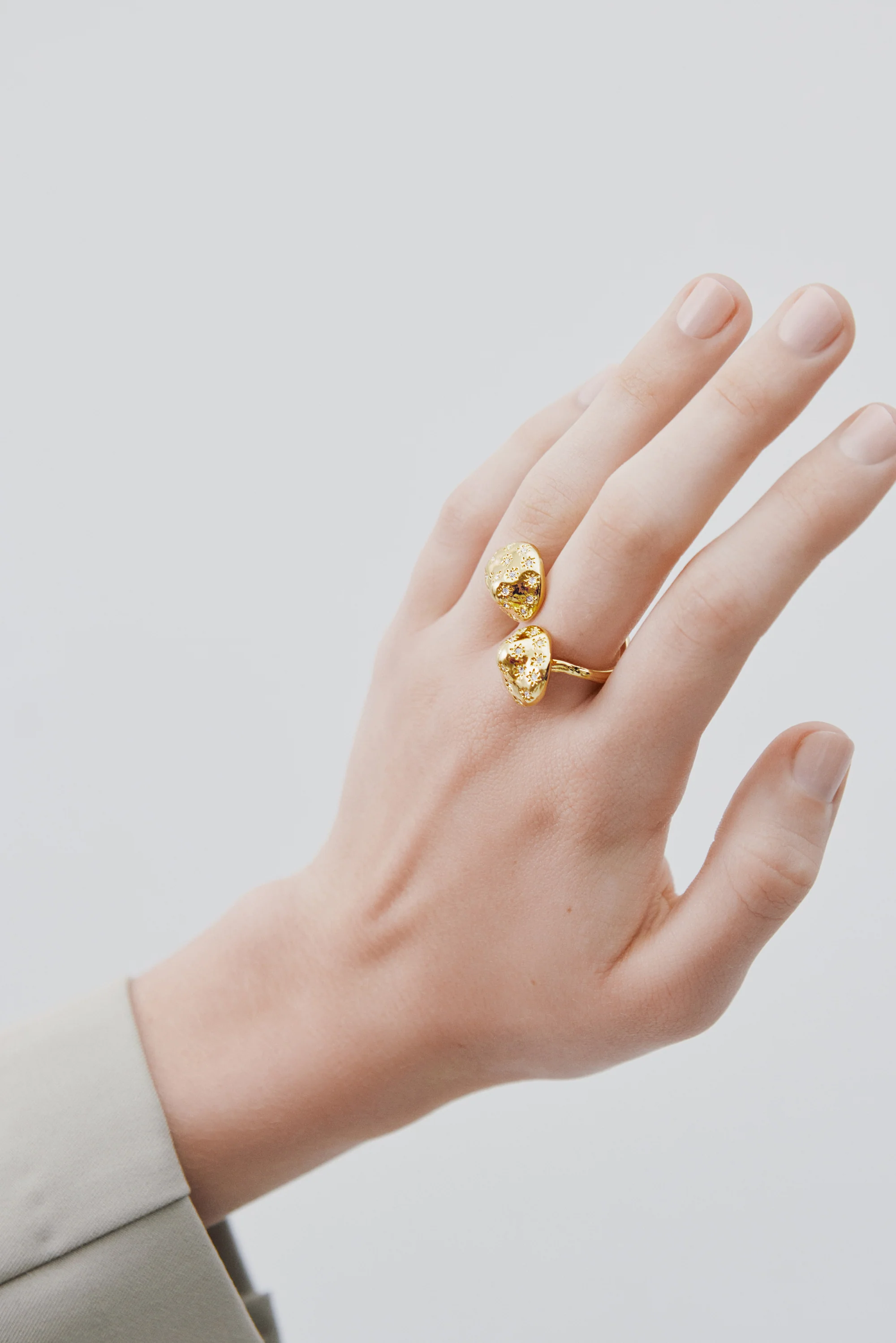 Bague ajustable dorée champignons et cristaux facettés - Image 2