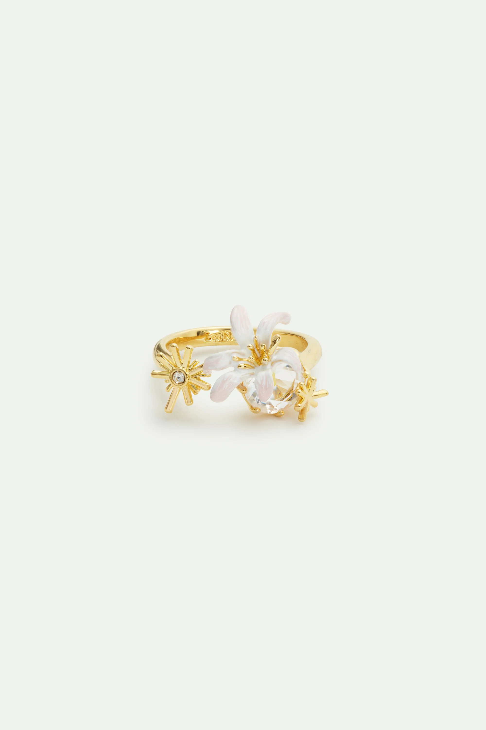 Bague ajustable dorée Fleur de Lys blanche et pierre facettée - Image 2
