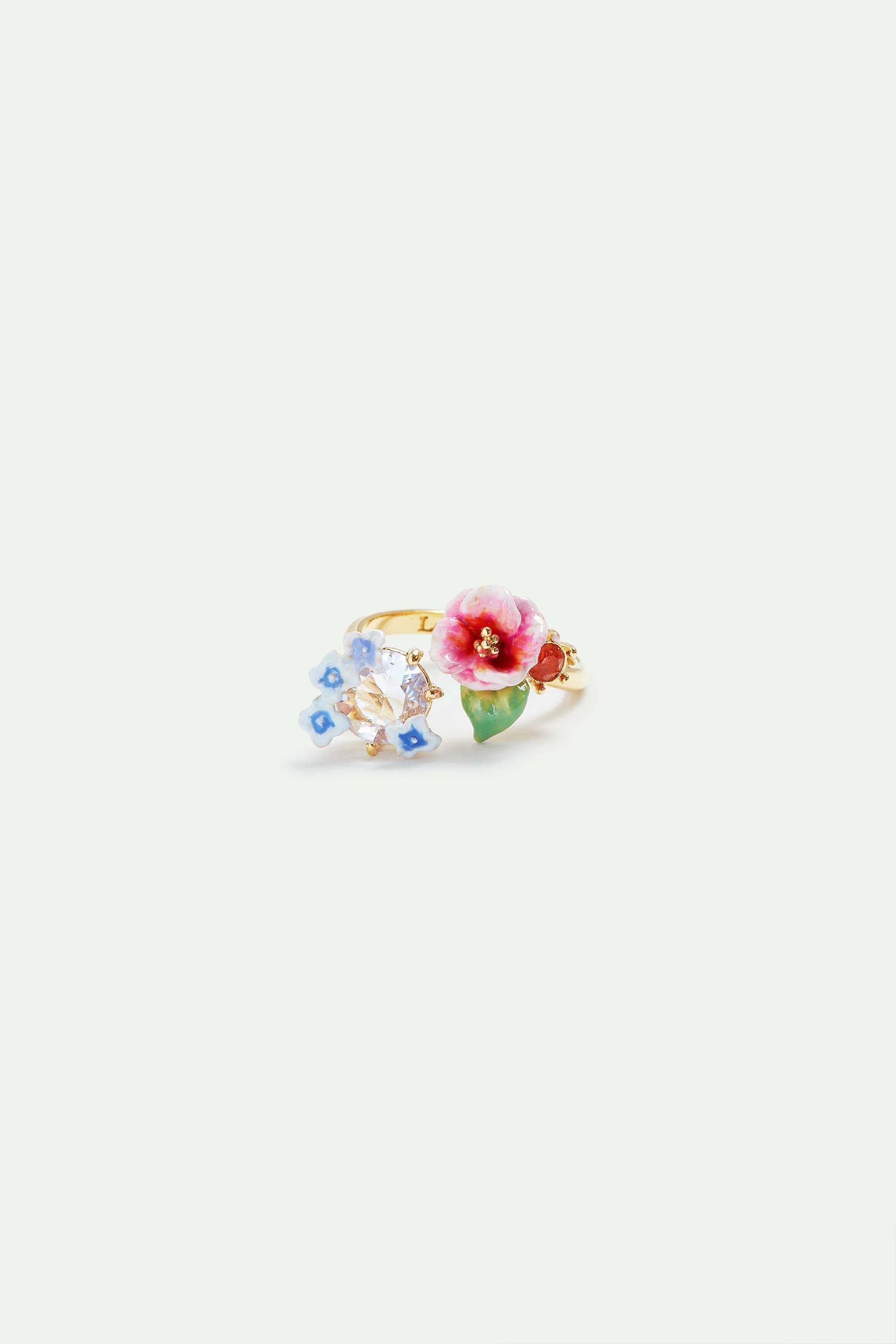 Bague ajustable fleurs d’hortensia et pierre ronde en verre facetté - Image 3