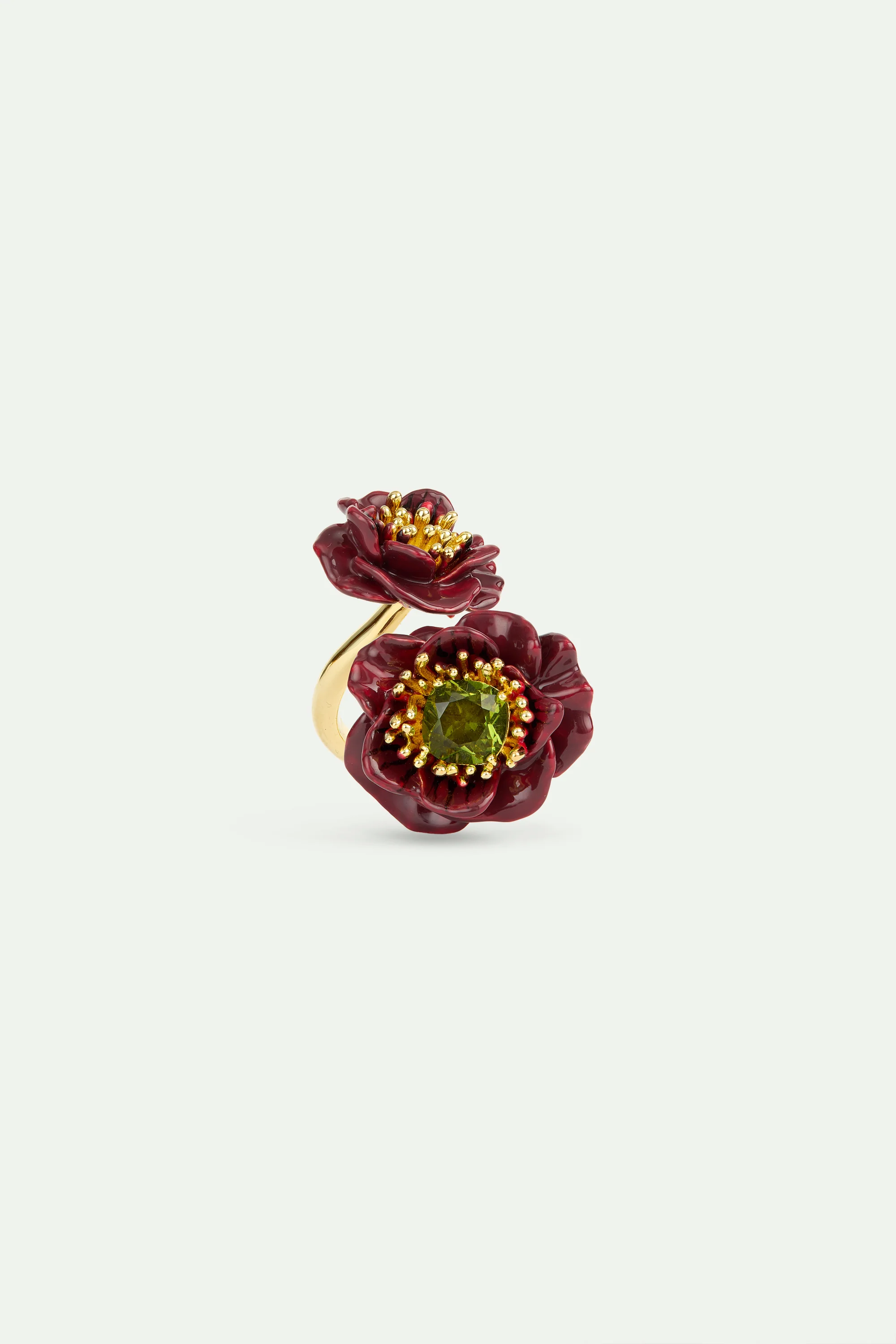Bague ajustable fleurs d'anémone bordeaux et pierres facettées vertes - Image 3