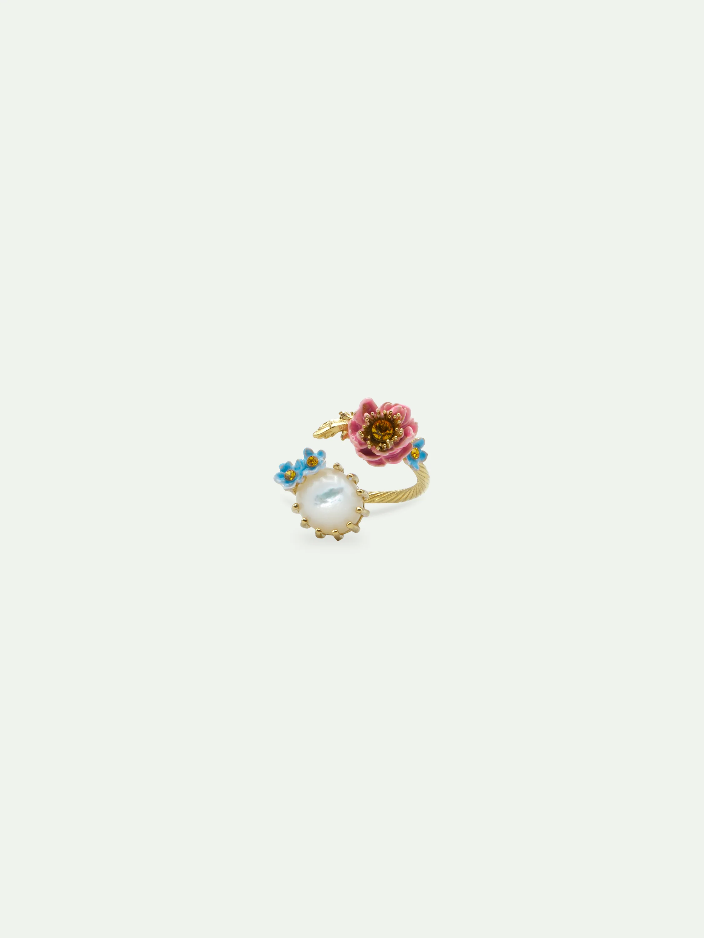 Bague ajustable fleurs rose et bleues et pierre ronde nacrée - Image 3