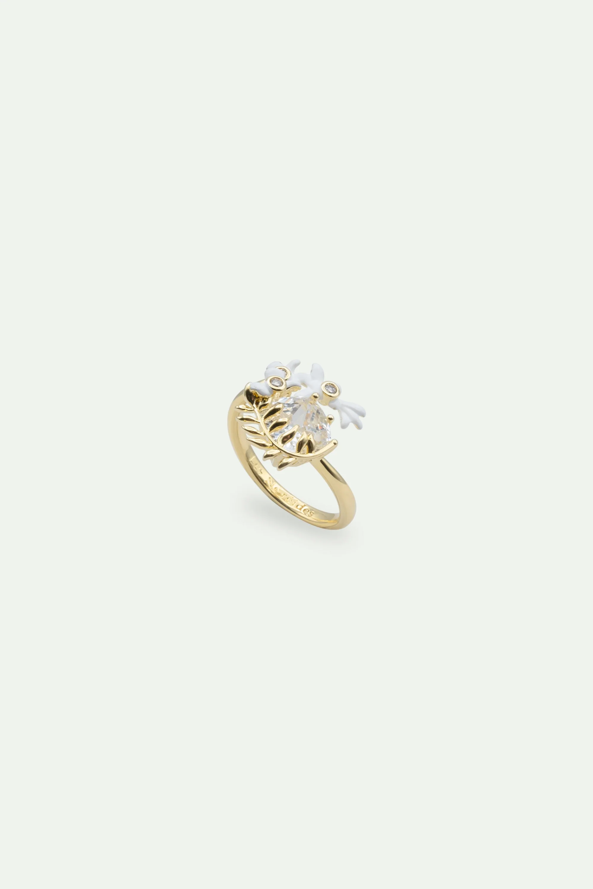 Bague ajustable glycine blanche, laurier et pierre facettée