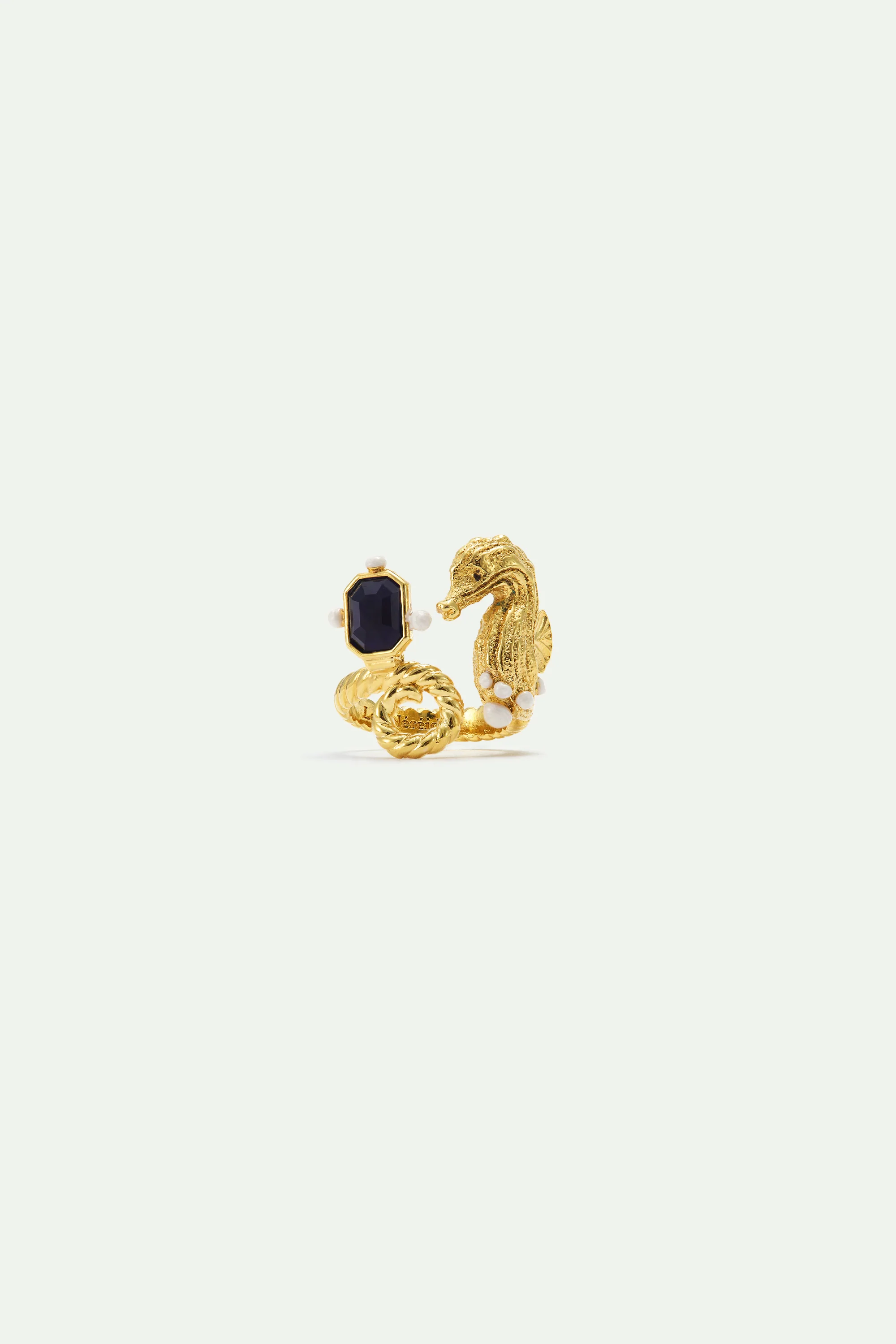 Bague ajustable hippocampe doré et pierre bleu marine - Image 3