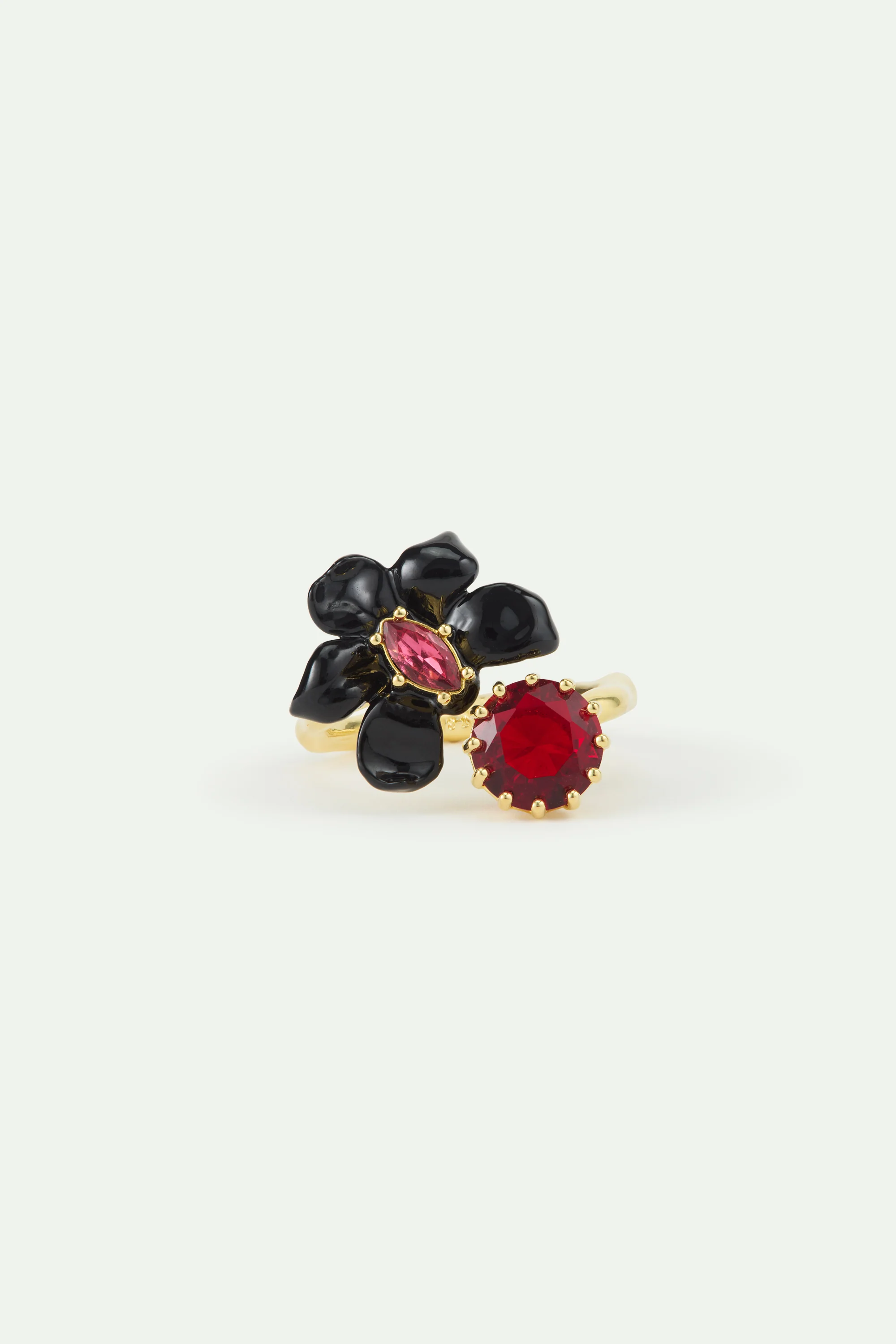 Bague ajustable orchidée noire, cristal rose et pierre facettée rouge - Image 3