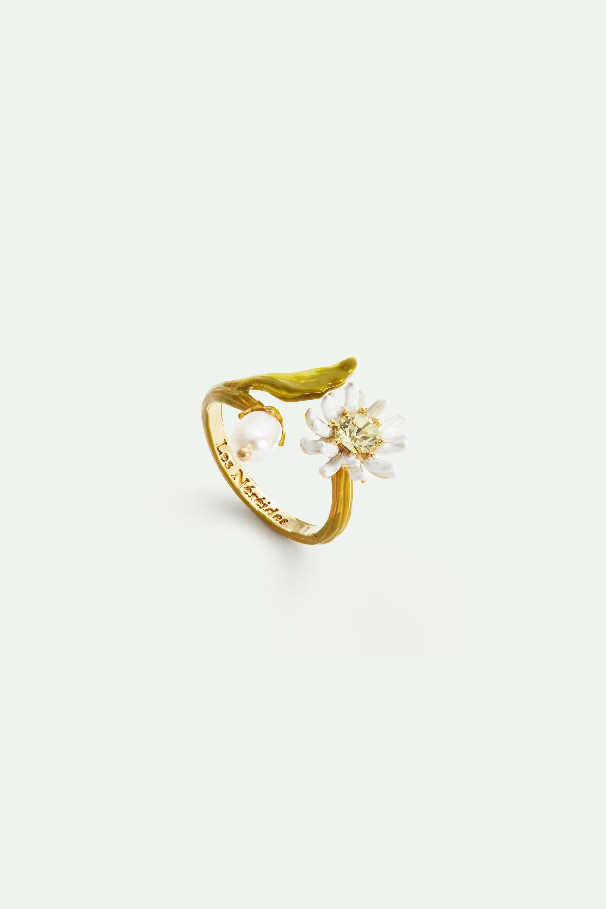 Bague ajustable pâquerette blanche et verte, perle de culture
