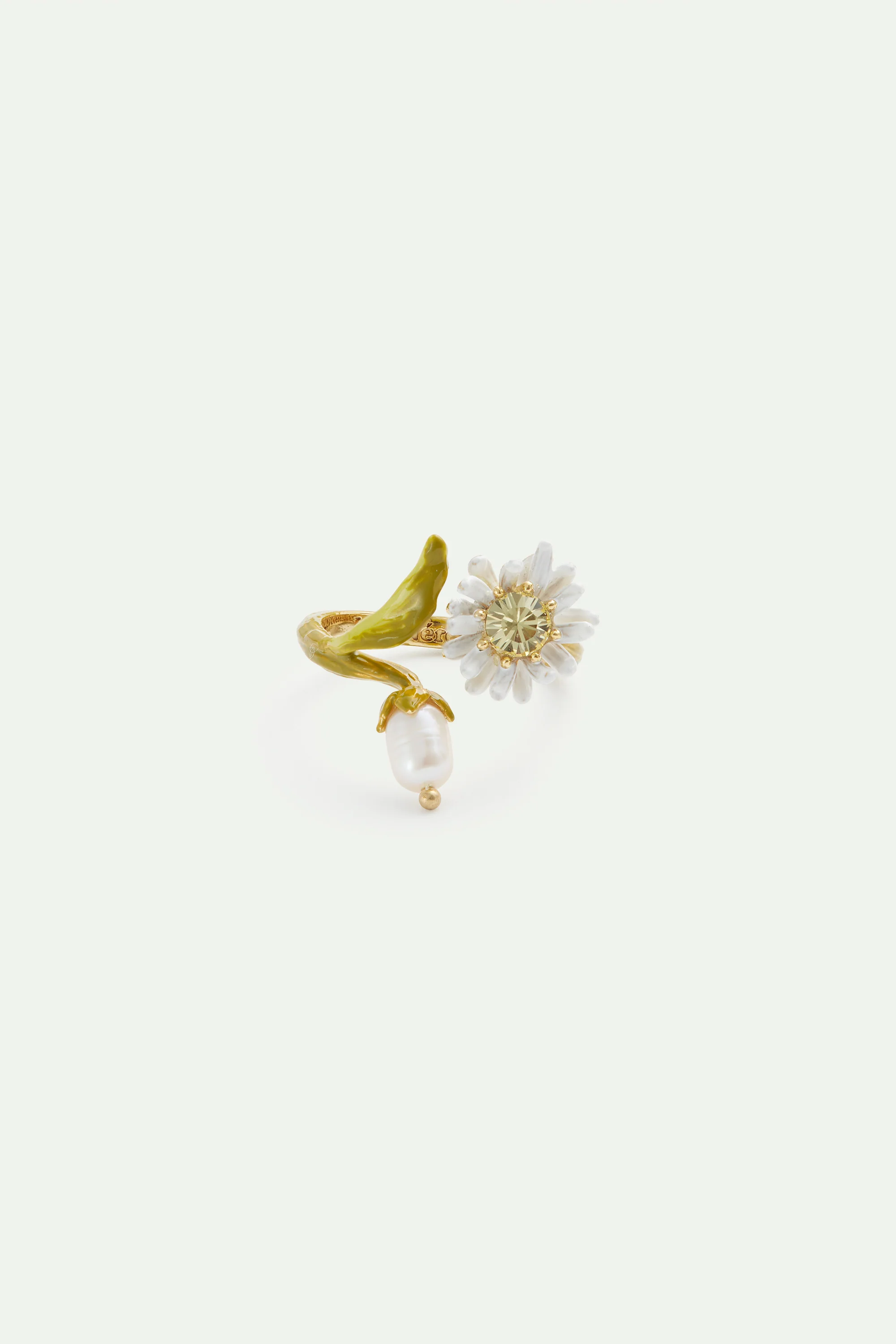 Bague ajustable pâquerette blanche et verte, perle de culture - Image 3
