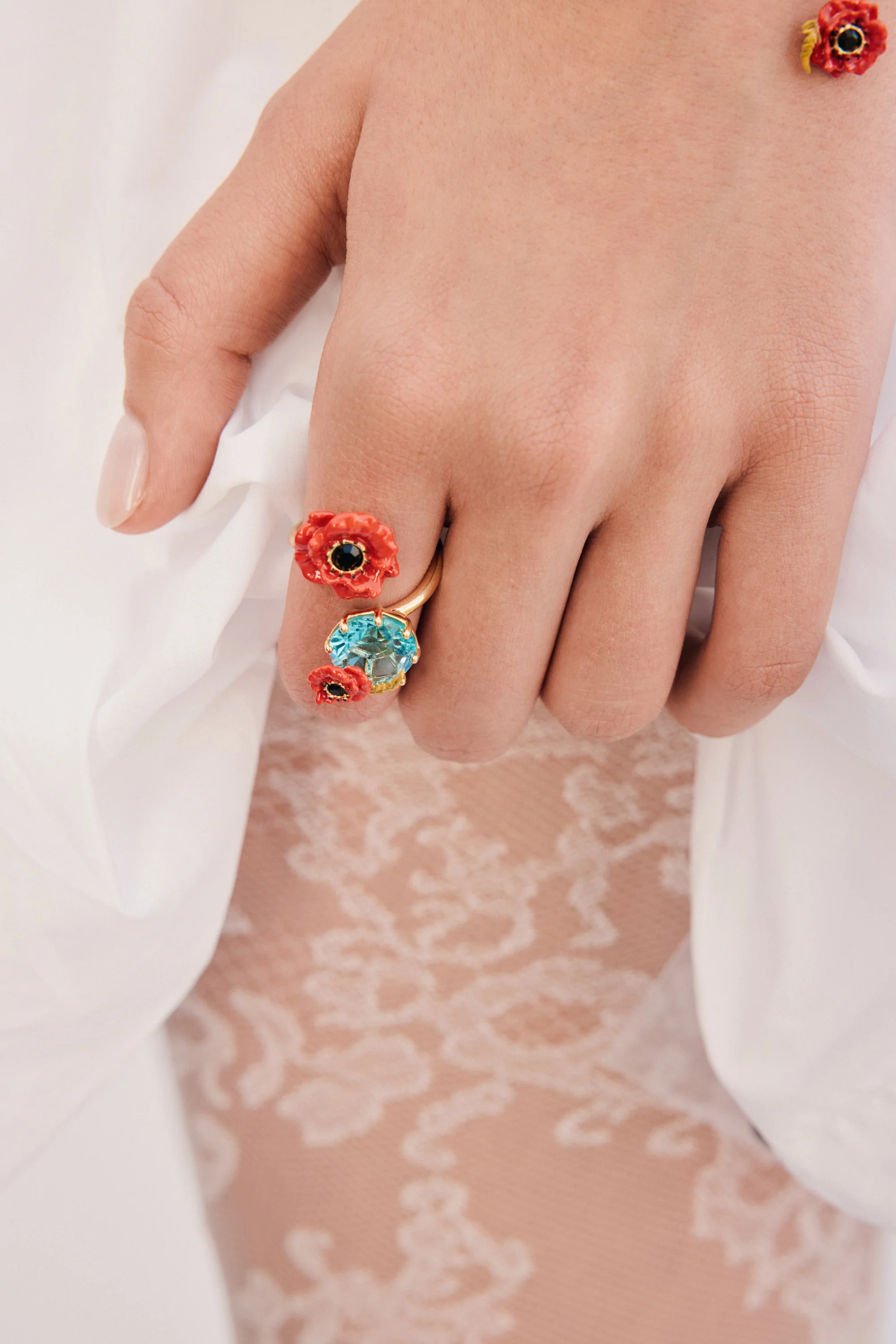 Bague ajustable pierre ronde bleue et coquelicot - Image 3