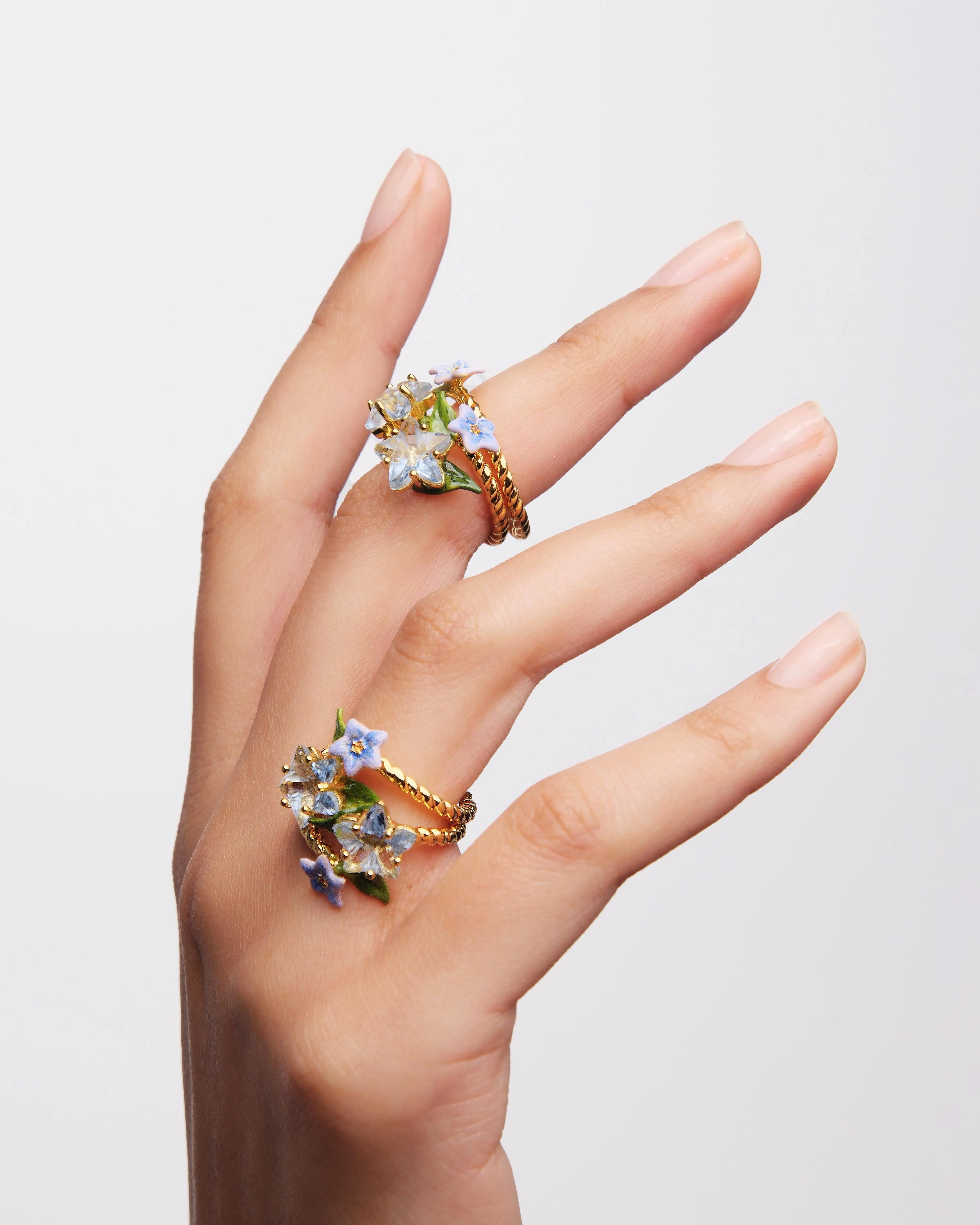 Bague ajustable toi et moi étoile facettée et fleur de jasmin bleue - Image 2