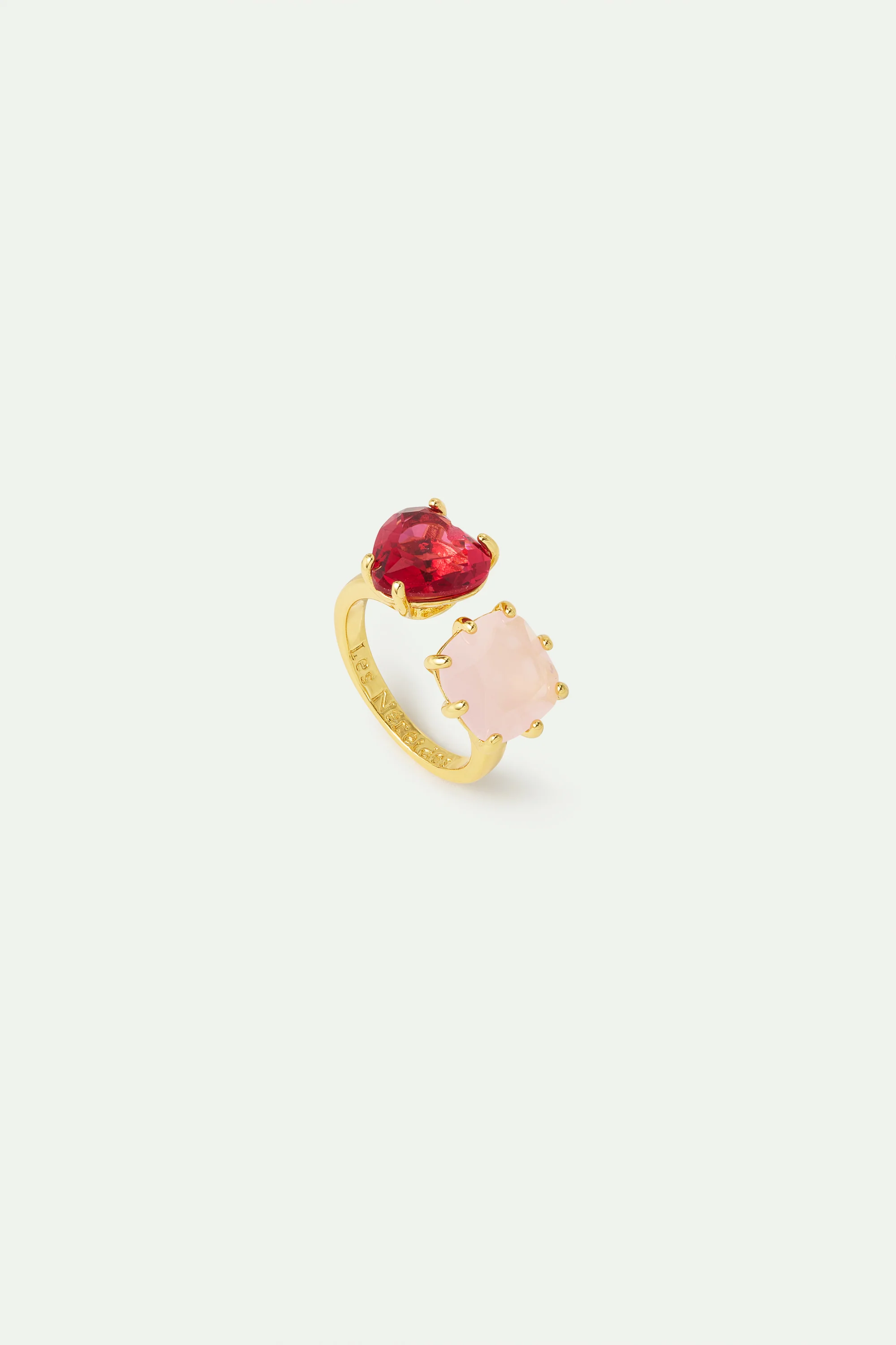 Bague ajustable toi et moi pierres cœur et carrée La Diamantine Rosa Centifolia