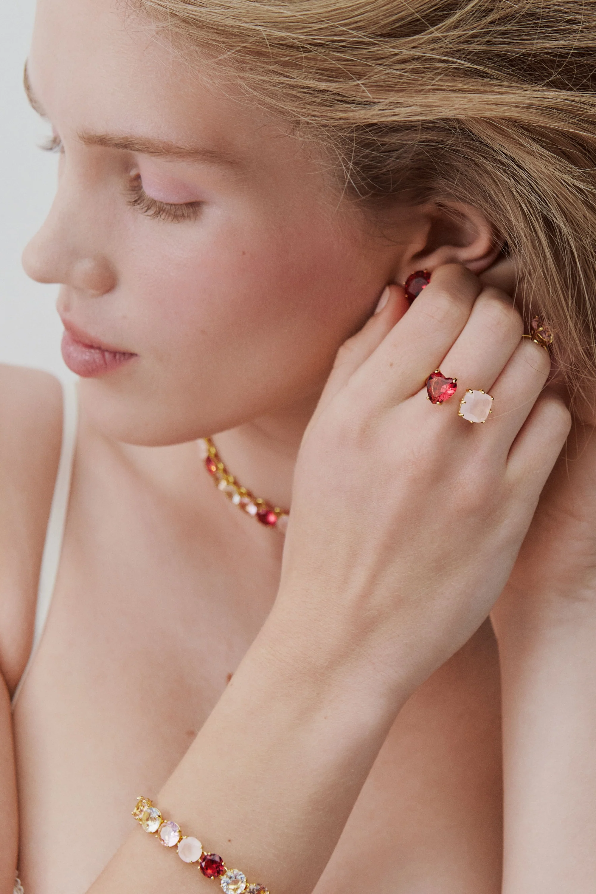 Bague ajustable toi et moi pierres cœur et carrée La Diamantine Rosa Centifolia - Image 2