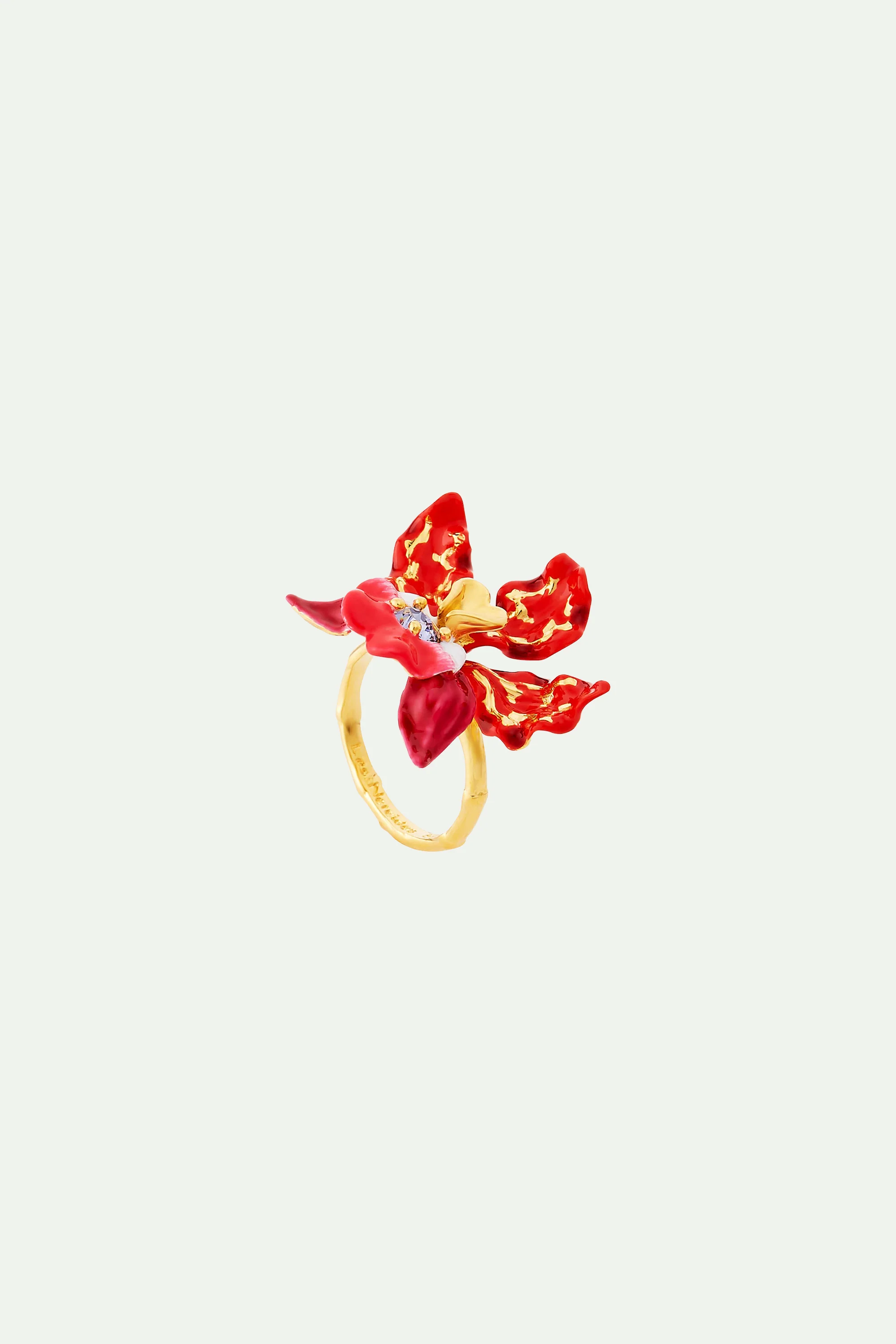 Bague cocktail fleur d'orchidée exotique et cristal taillé