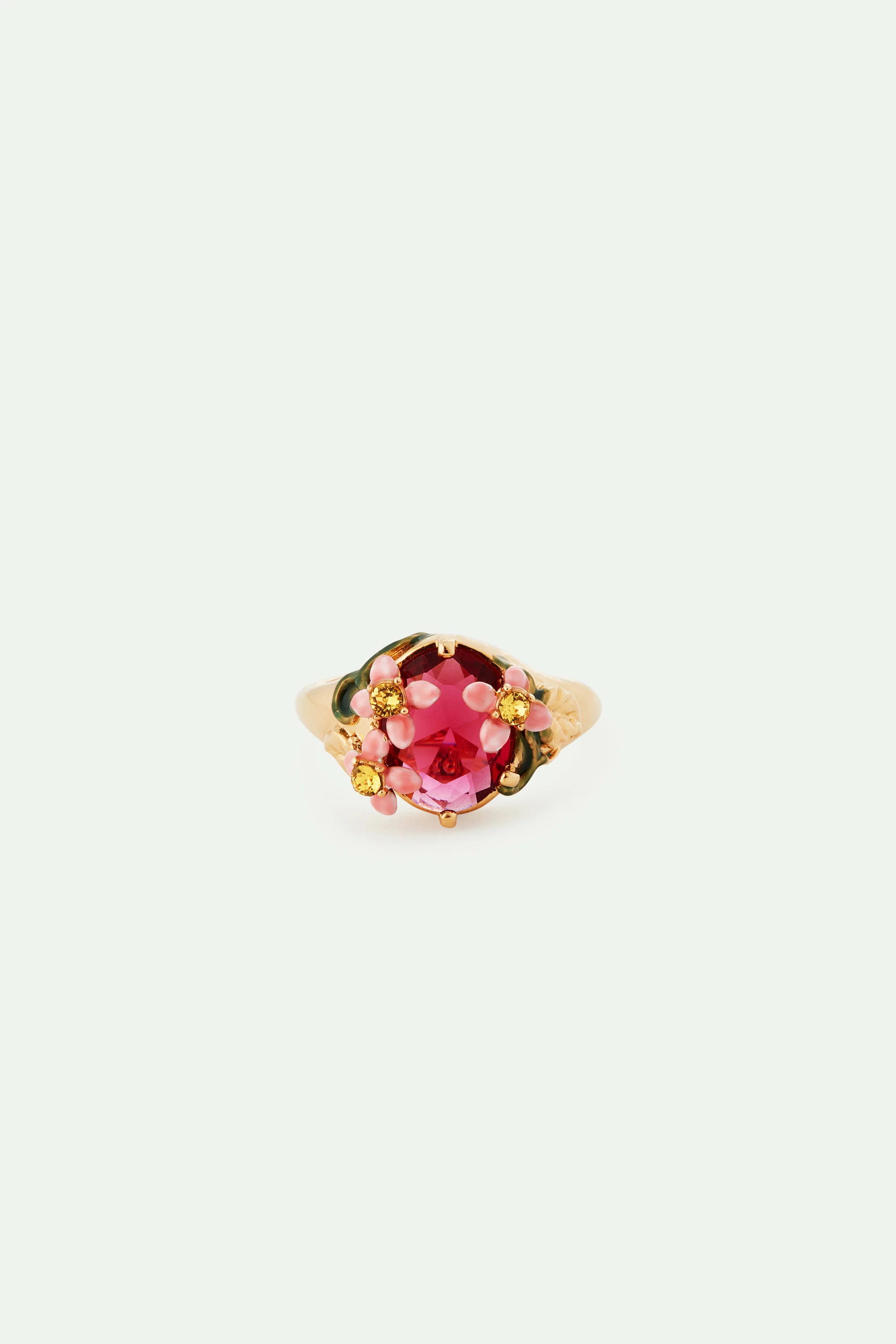 Bague cocktail verre facetté rose et fleurs roses - Image 3