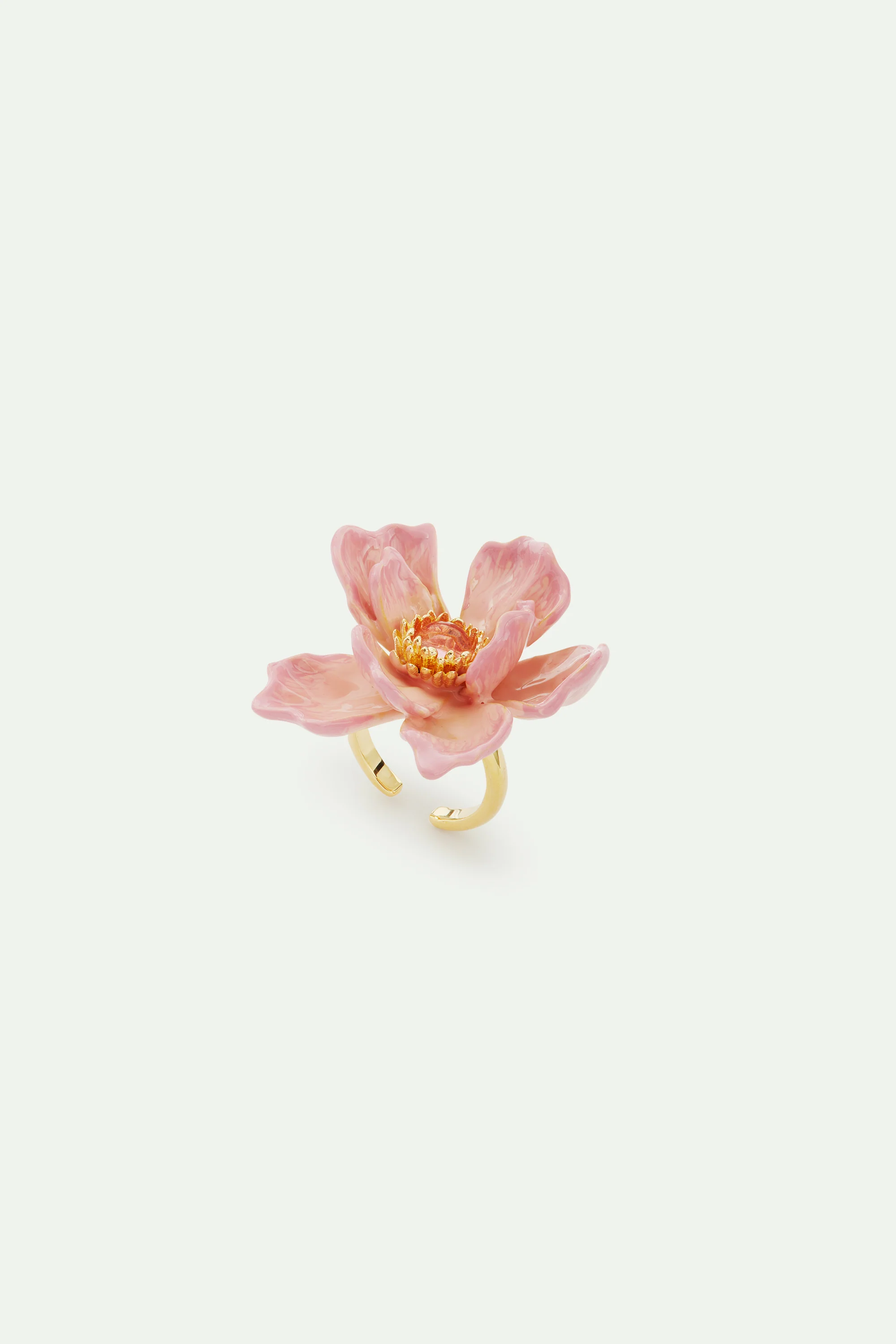 Bague grande fleur de magnolia rose et cabochon en verre