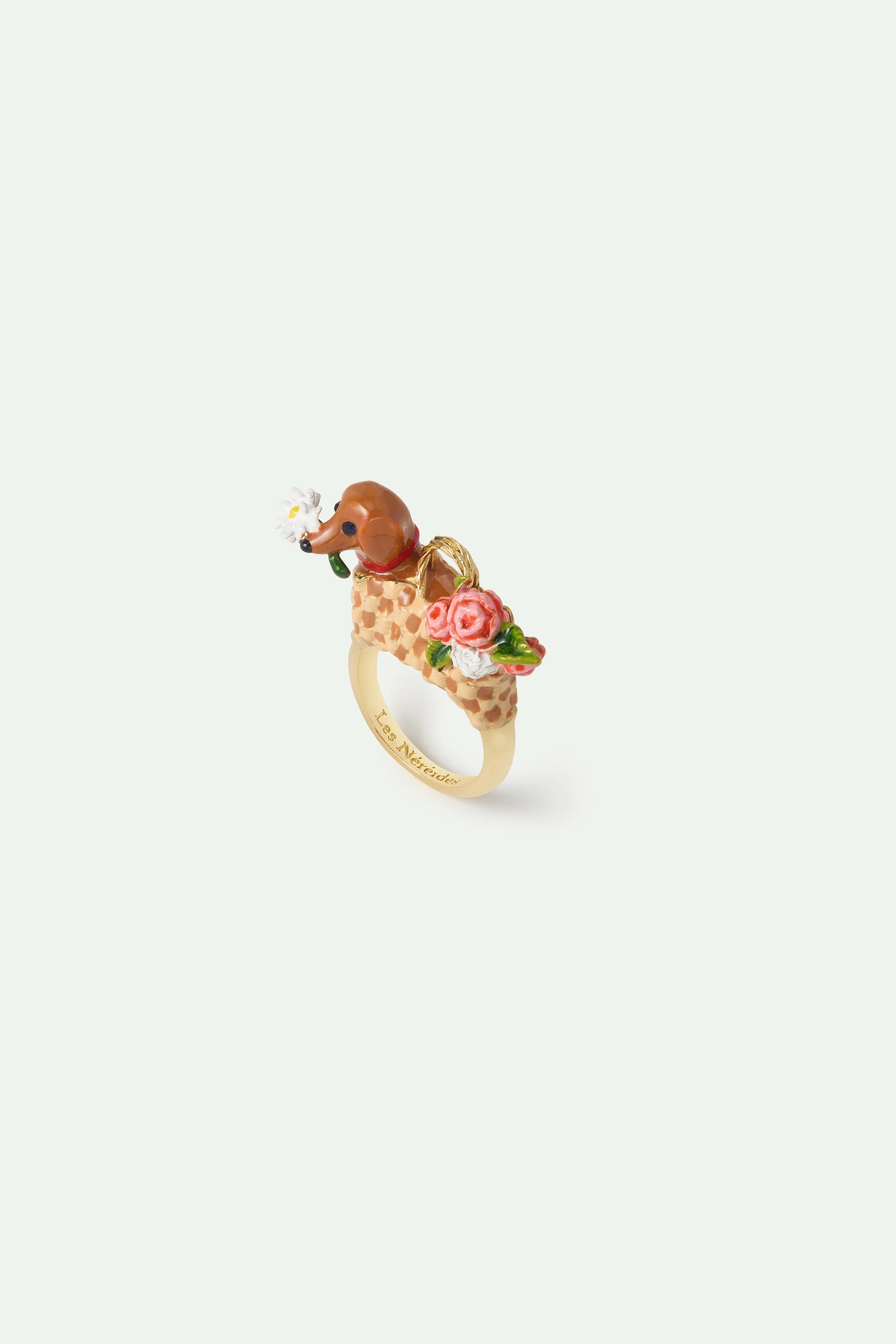 Bague panier, teckel et bouquet de fleurs