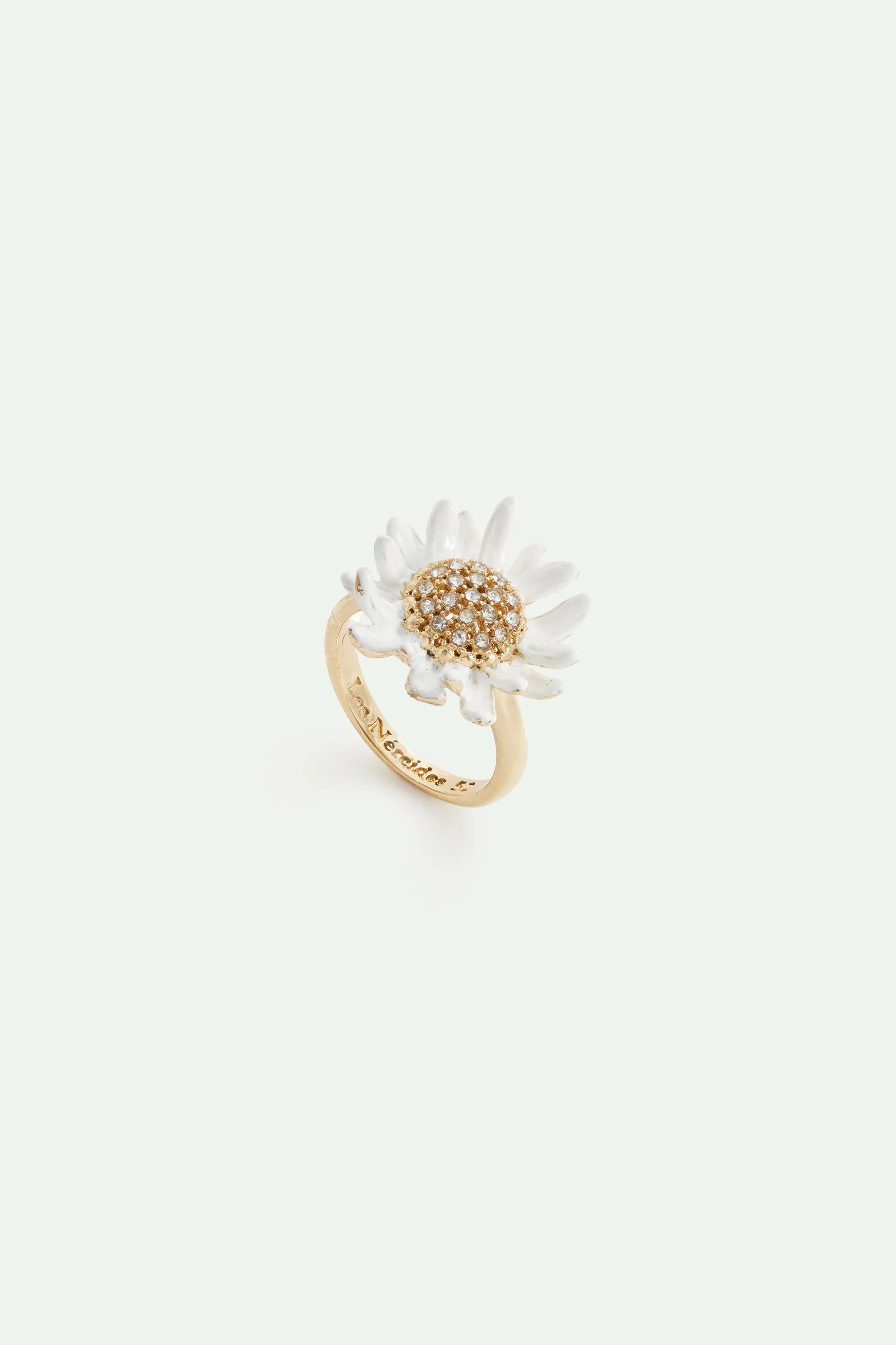 Bague pâquerette blanche et dorée, cœur pavé