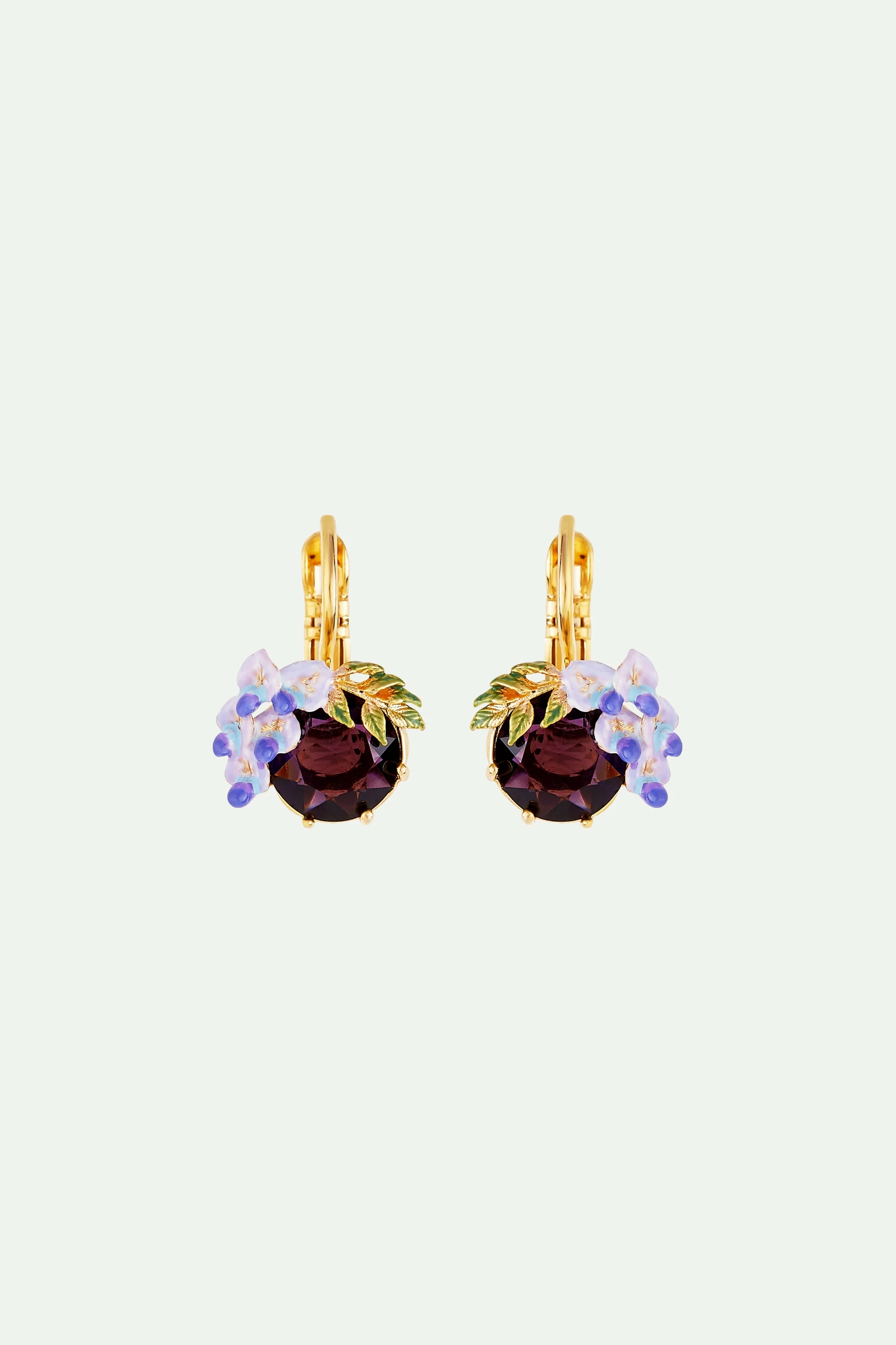 Boucle d'oreille dormeuses pierre de verre facetté et petite fleur de glycine