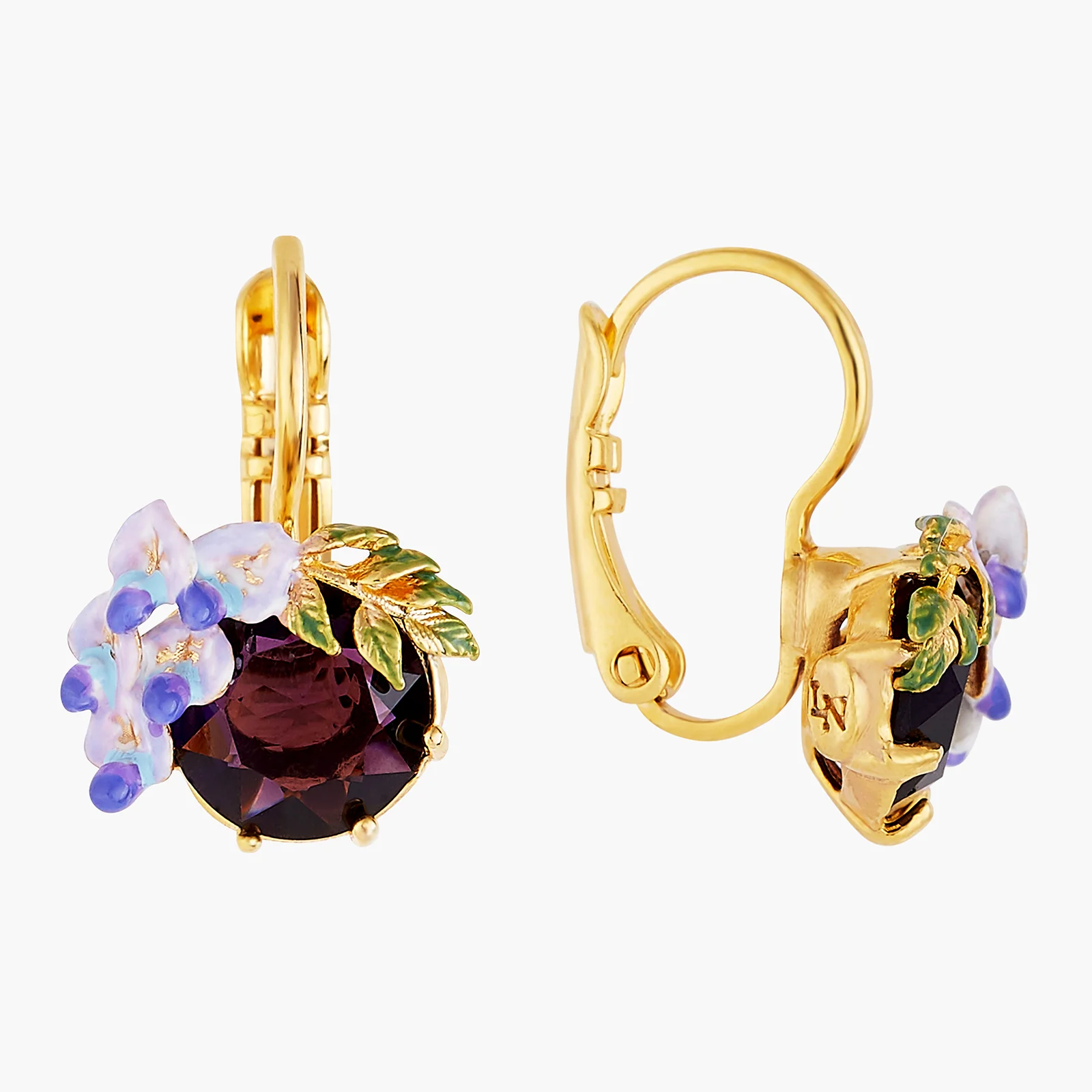 Boucle d'oreille dormeuses pierre de verre facetté et petite fleur de glycine - Image 2