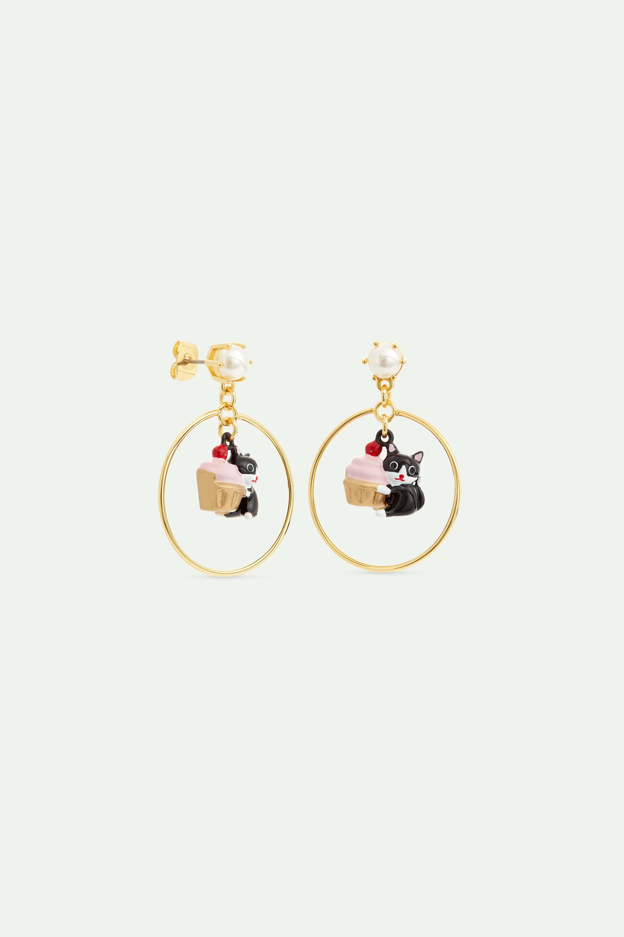 Boucle d'oreilles créoles pendantes chat noir et patisserie - Image 2