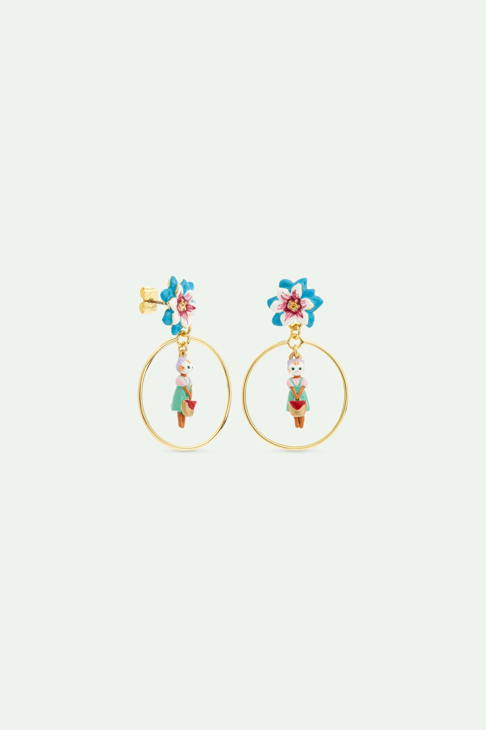 Boucle d'oreilles créoles pendantes chat roux et fleur bleue - Image 2