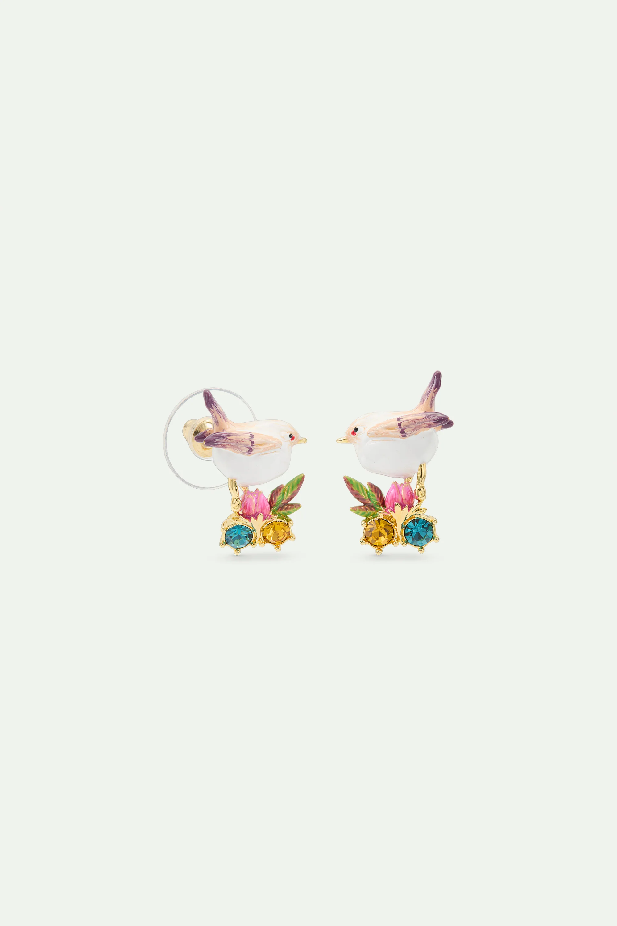 Boucles d’oreilles tiges plectrophane des neiges, bouton de rose et cristaux - Image 3