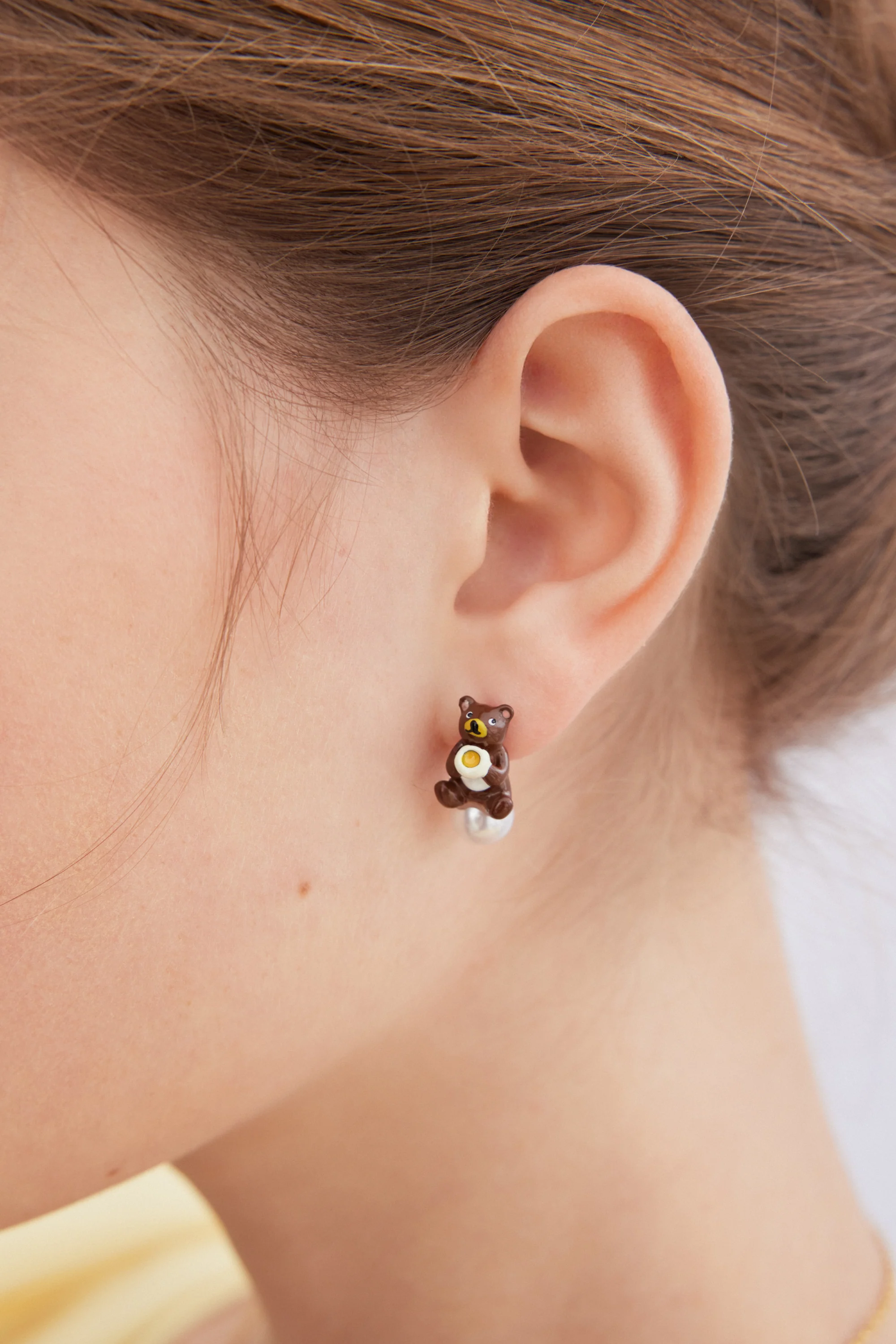 Boucles d'oreilles asymétriques Boucle d'Or et Ours, perle fantaisie - Image 2