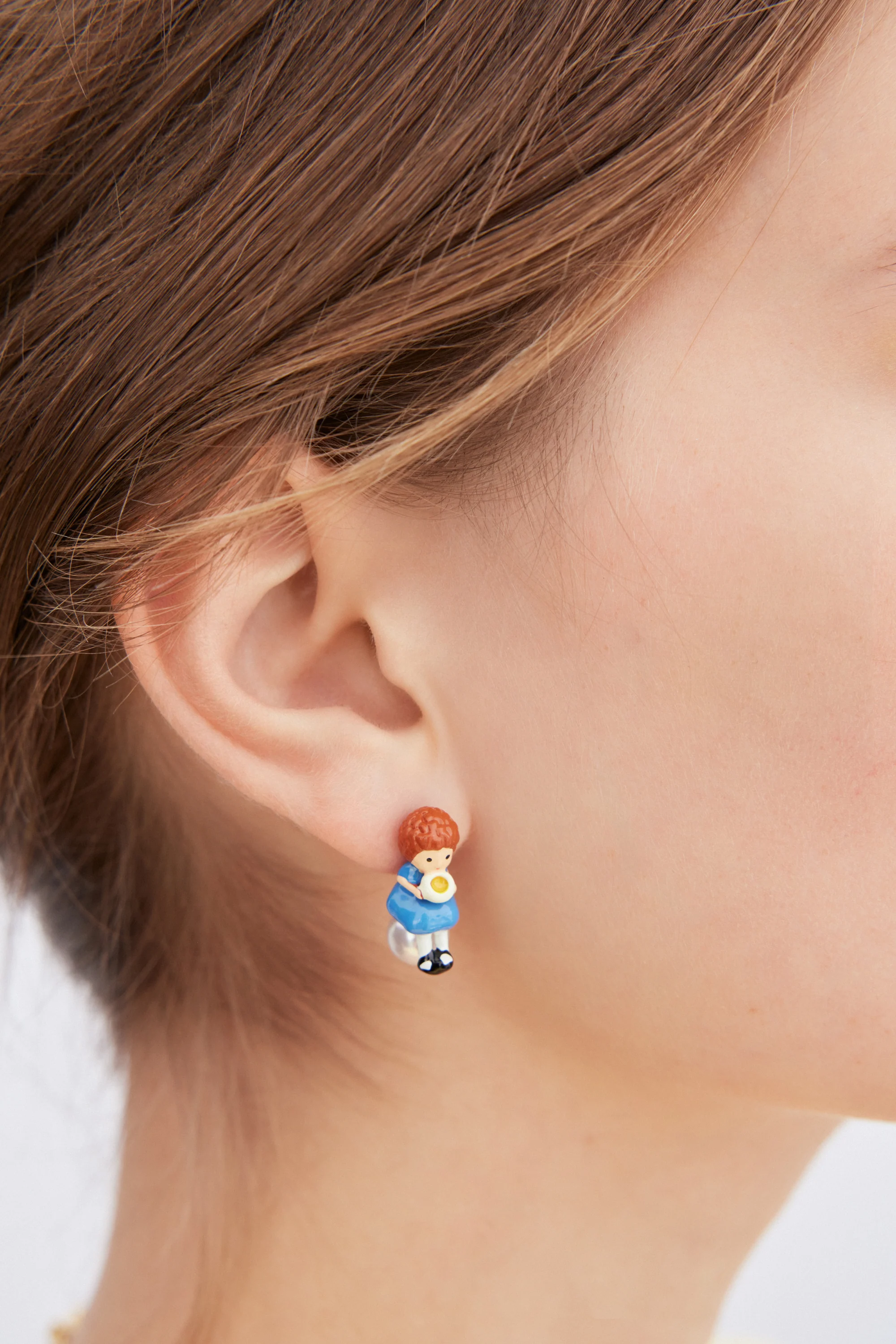 Boucles d'oreilles asymétriques Boucle d'Or et Ours, perle fantaisie - Image 3