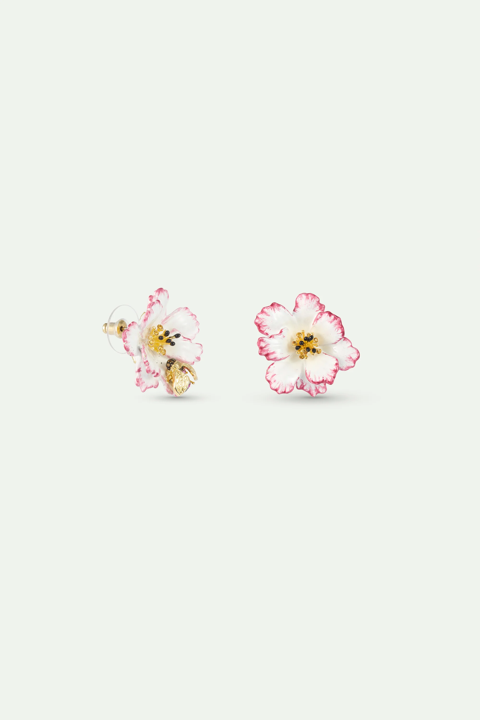 Boucles d'oreilles asymétriques cosmos blanche et rose et abeille dorée - Image 3