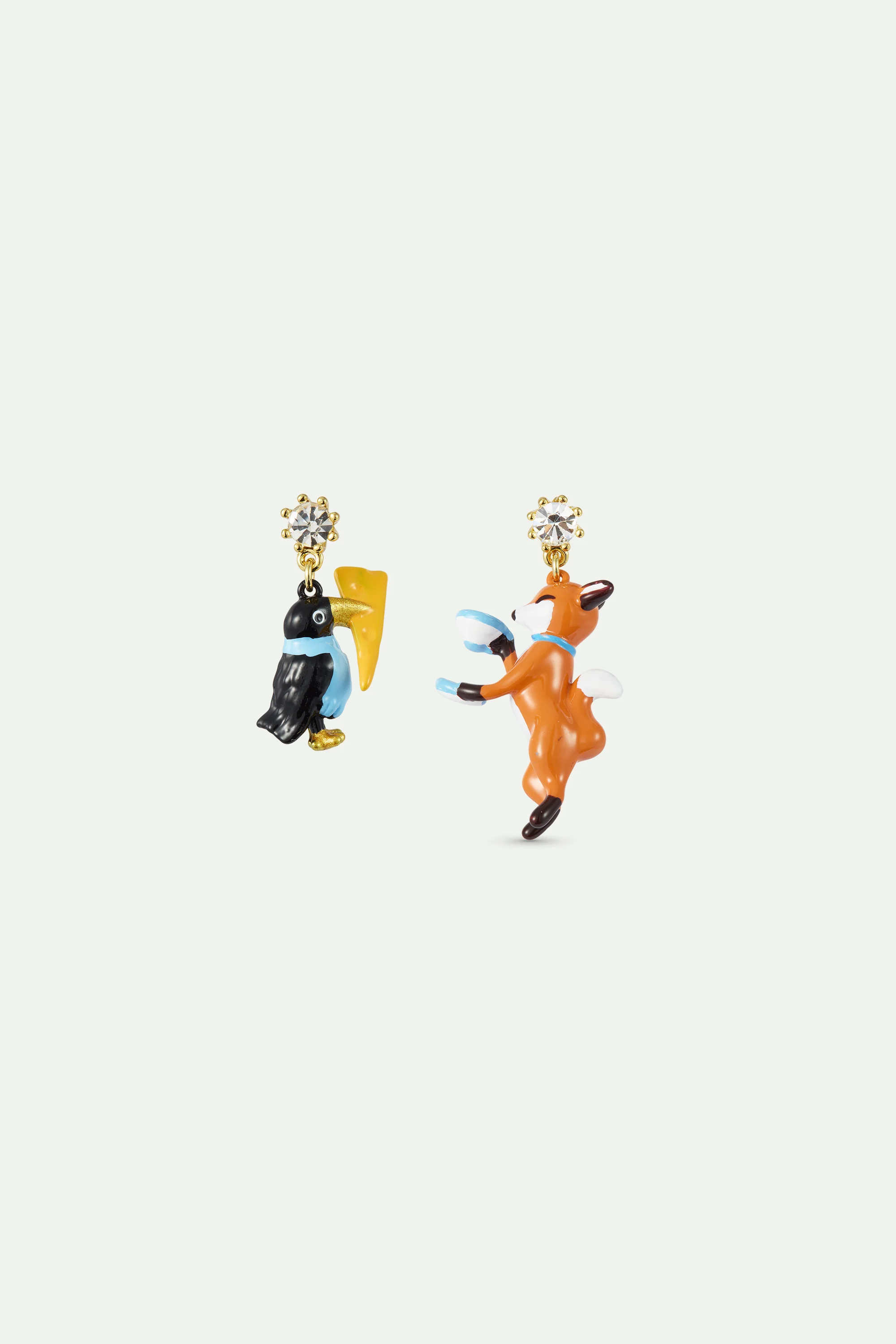 Boucles d'oreilles asymétriques Le Corbeau et le Renard, cristal facetté