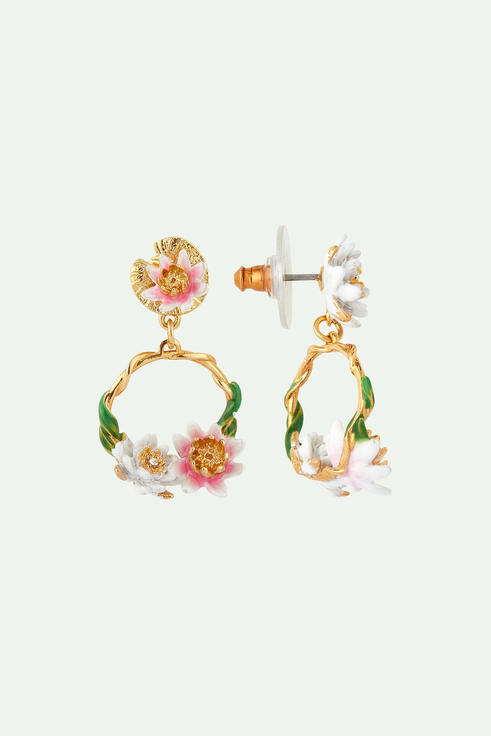 Boucles d'oreilles asymétriques nymphéas rose et blanc - Image 2
