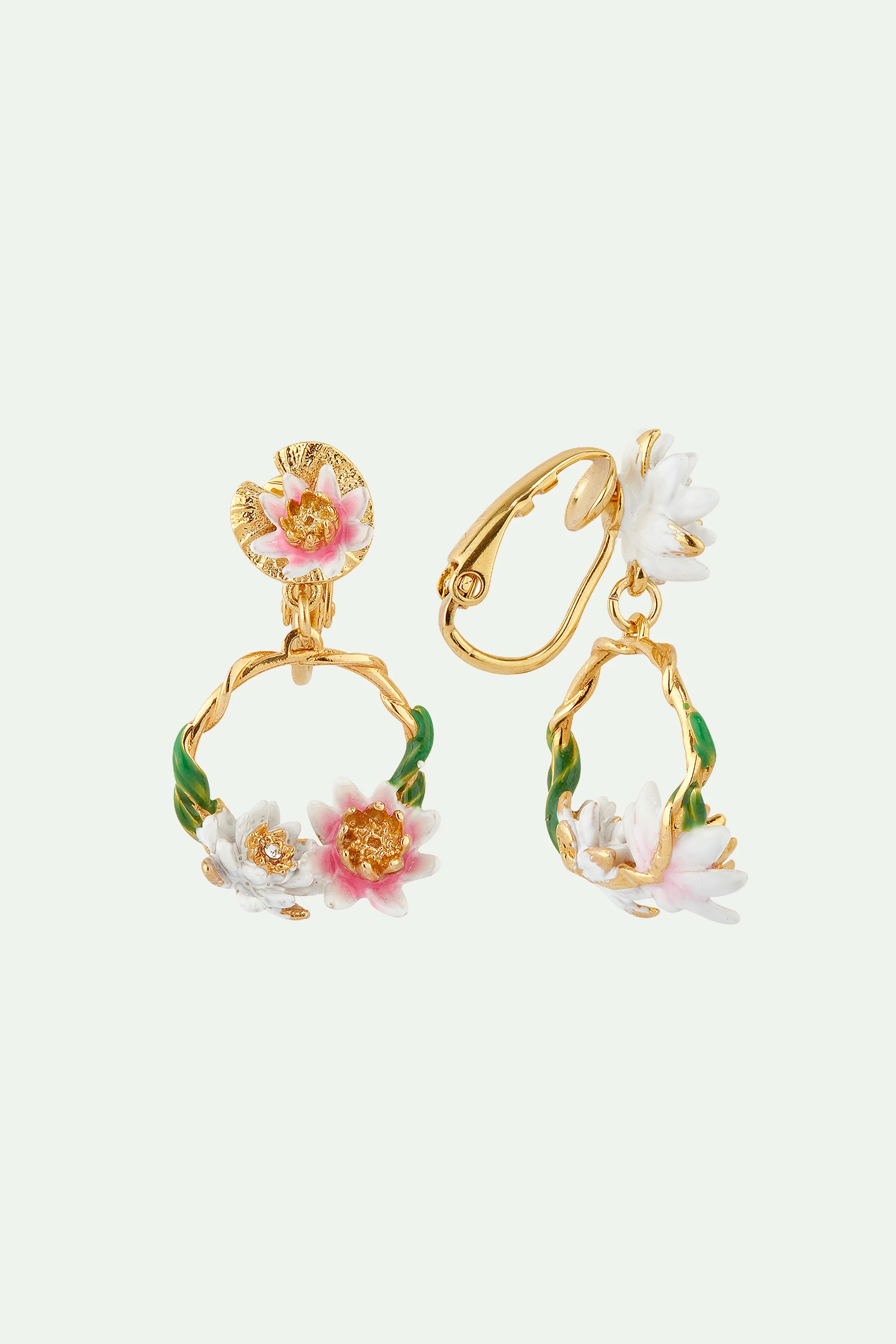 Boucles d'oreilles asymétriques nymphéas rose et blanc - Image 3