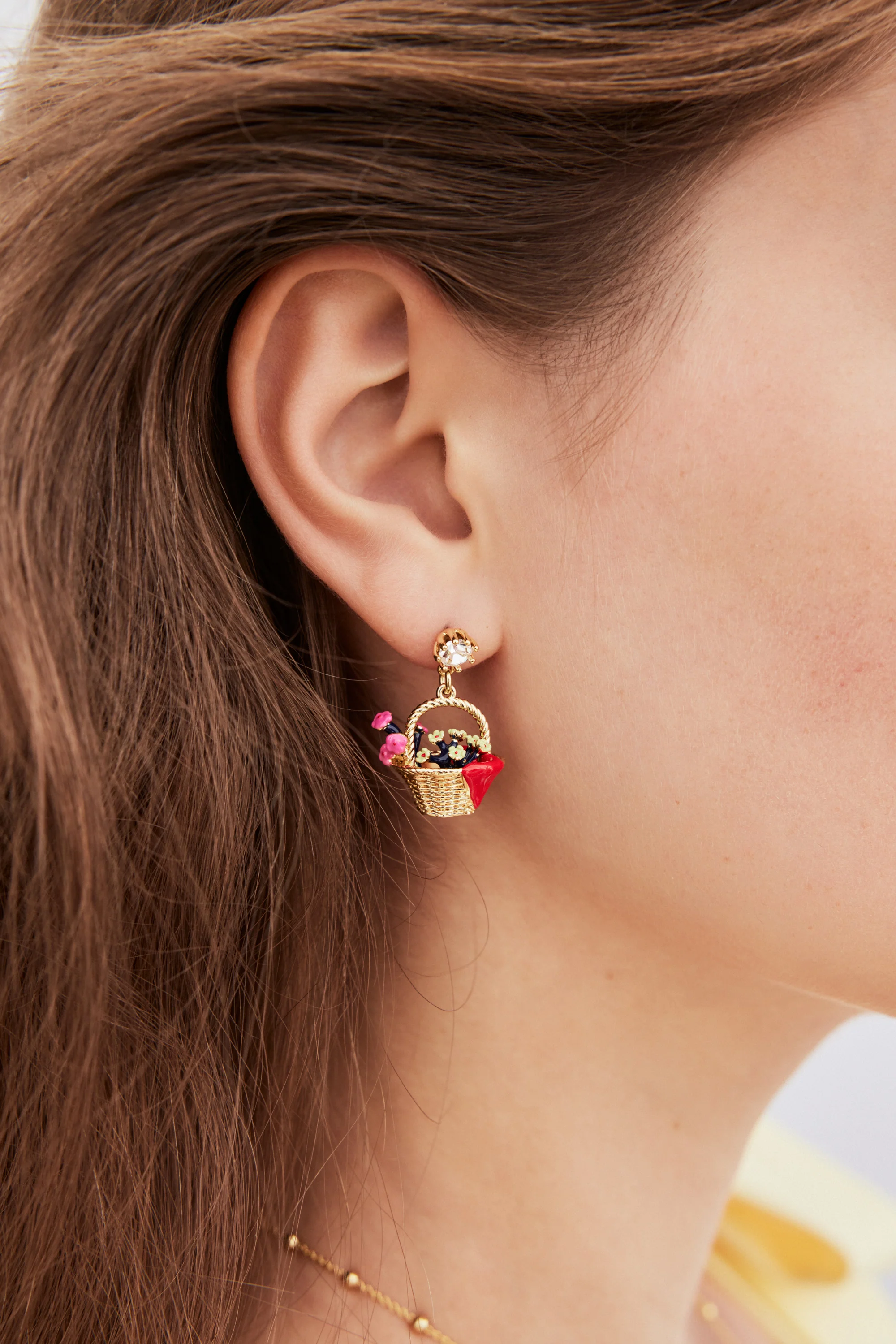 Boucles d'oreilles asymétriques panier de fleurs et Boucle d'Or, cristal facetté - Image 2