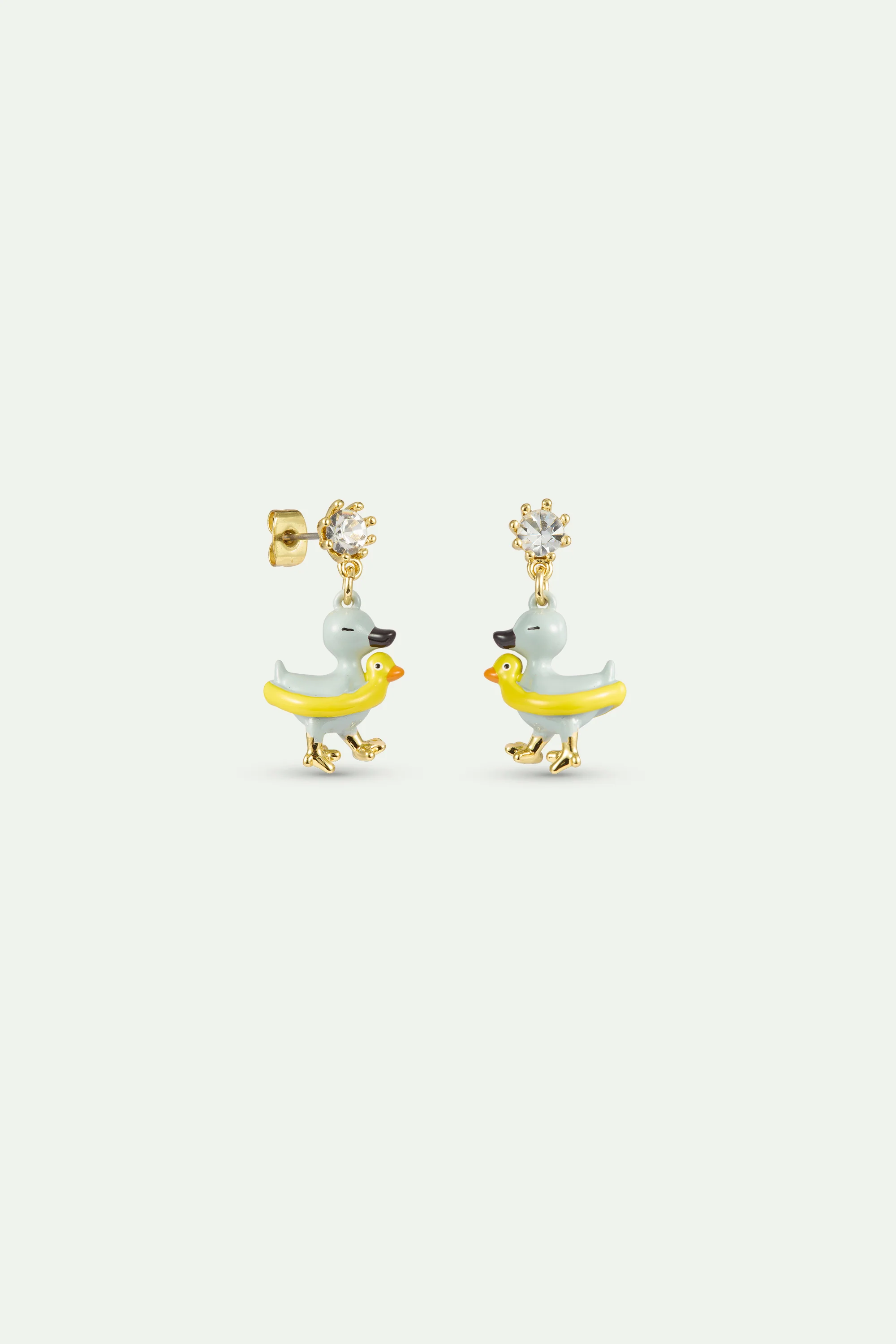 Boucles d'oreilles asymétriques Petit Canard jaune et bleu, cristal facetté - Image 2