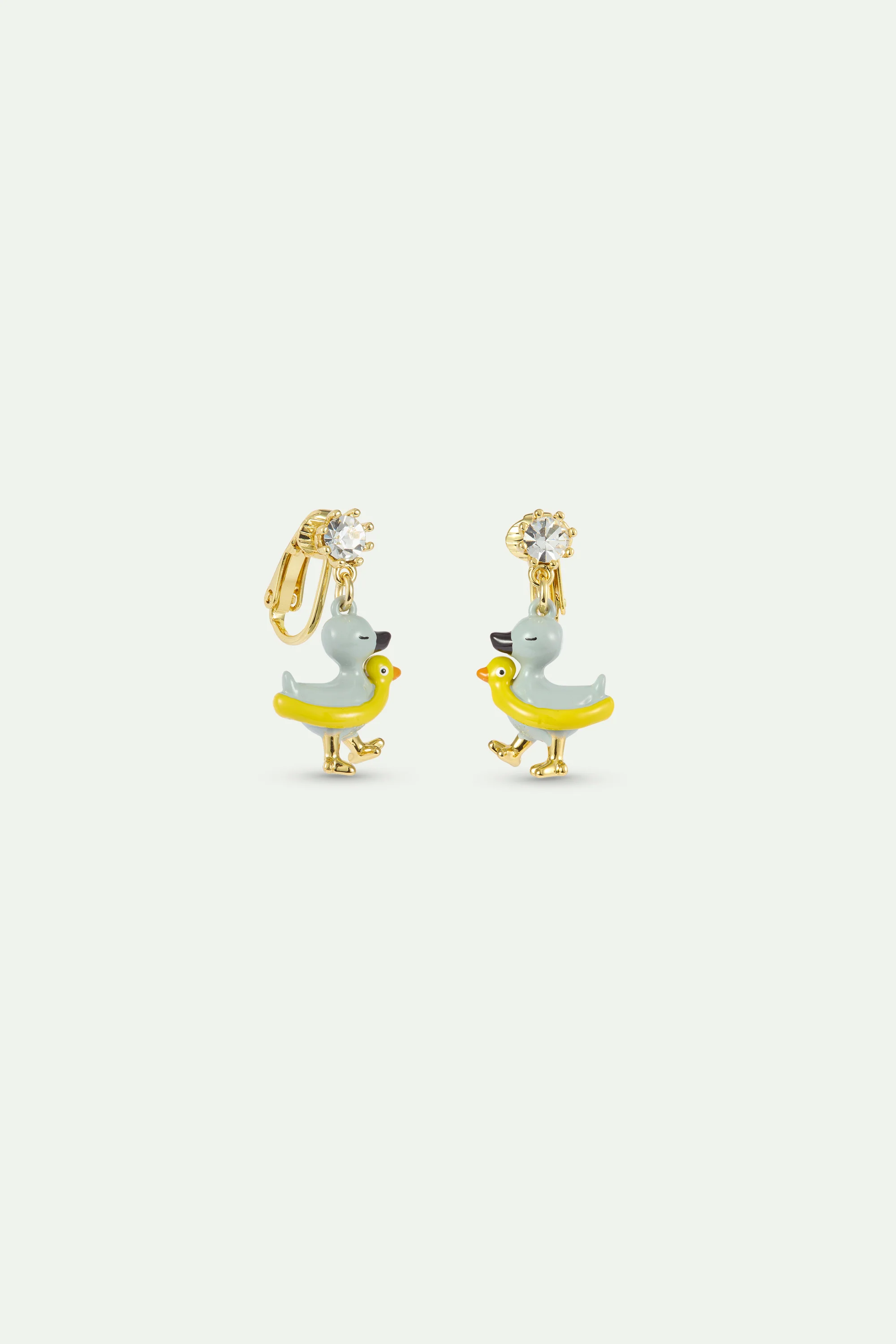Boucles d'oreilles asymétriques Petit Canard jaune et bleu, cristal facetté - Image 3