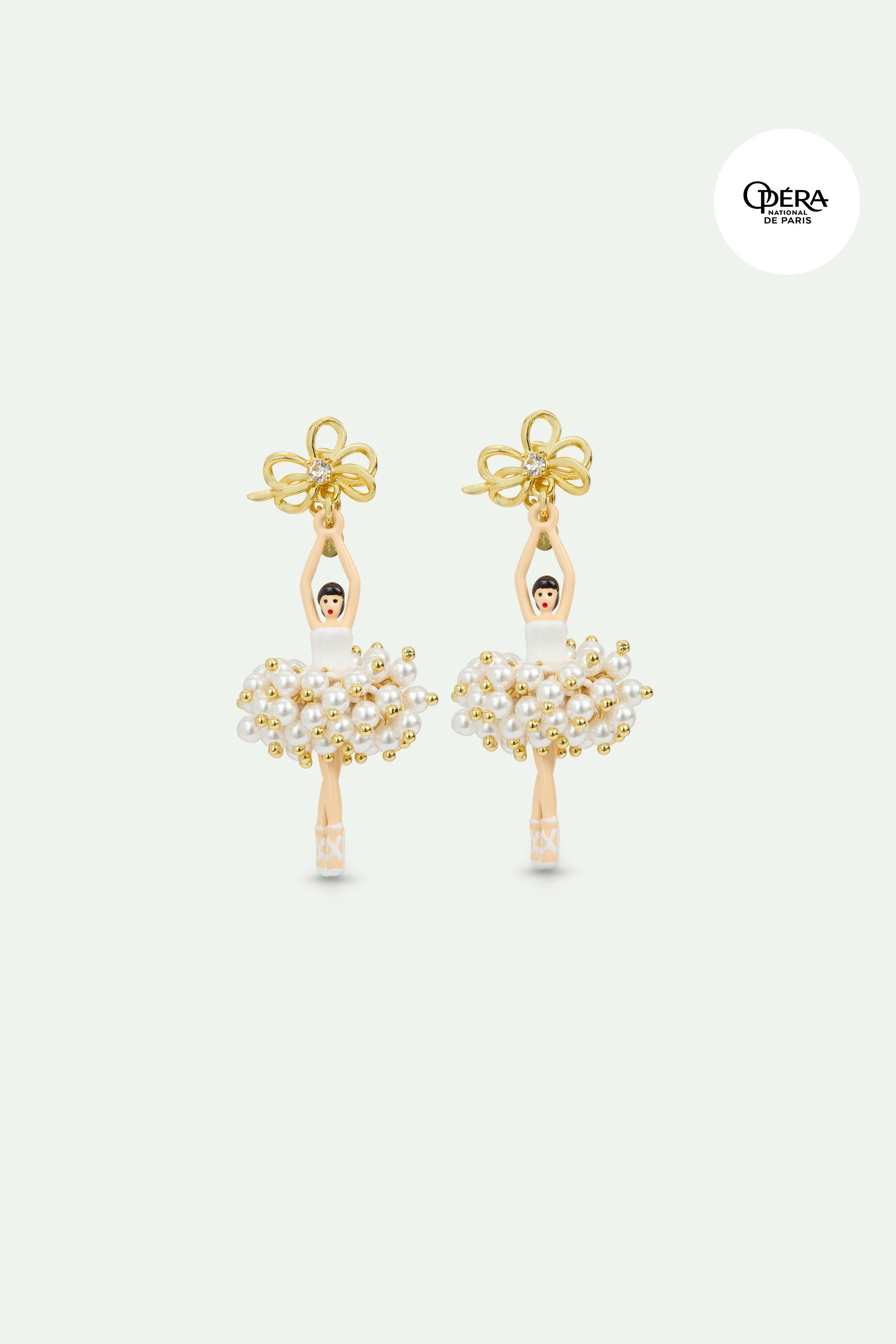 Boucles d'oreilles Ballerine perles blanches et nœud doré