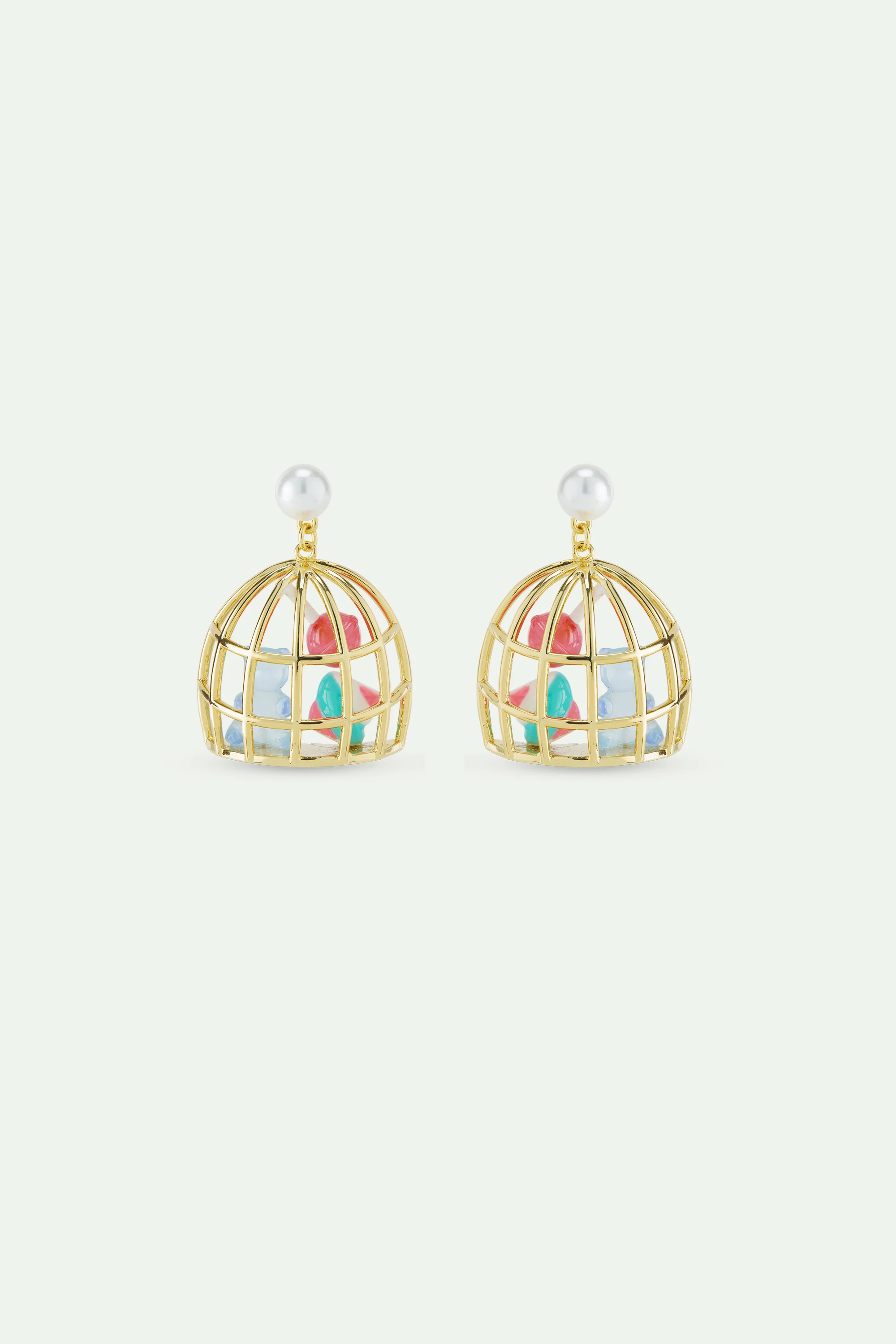 Boucles d'oreilles cage dorée nounours candy bleu, guimauve et sucette