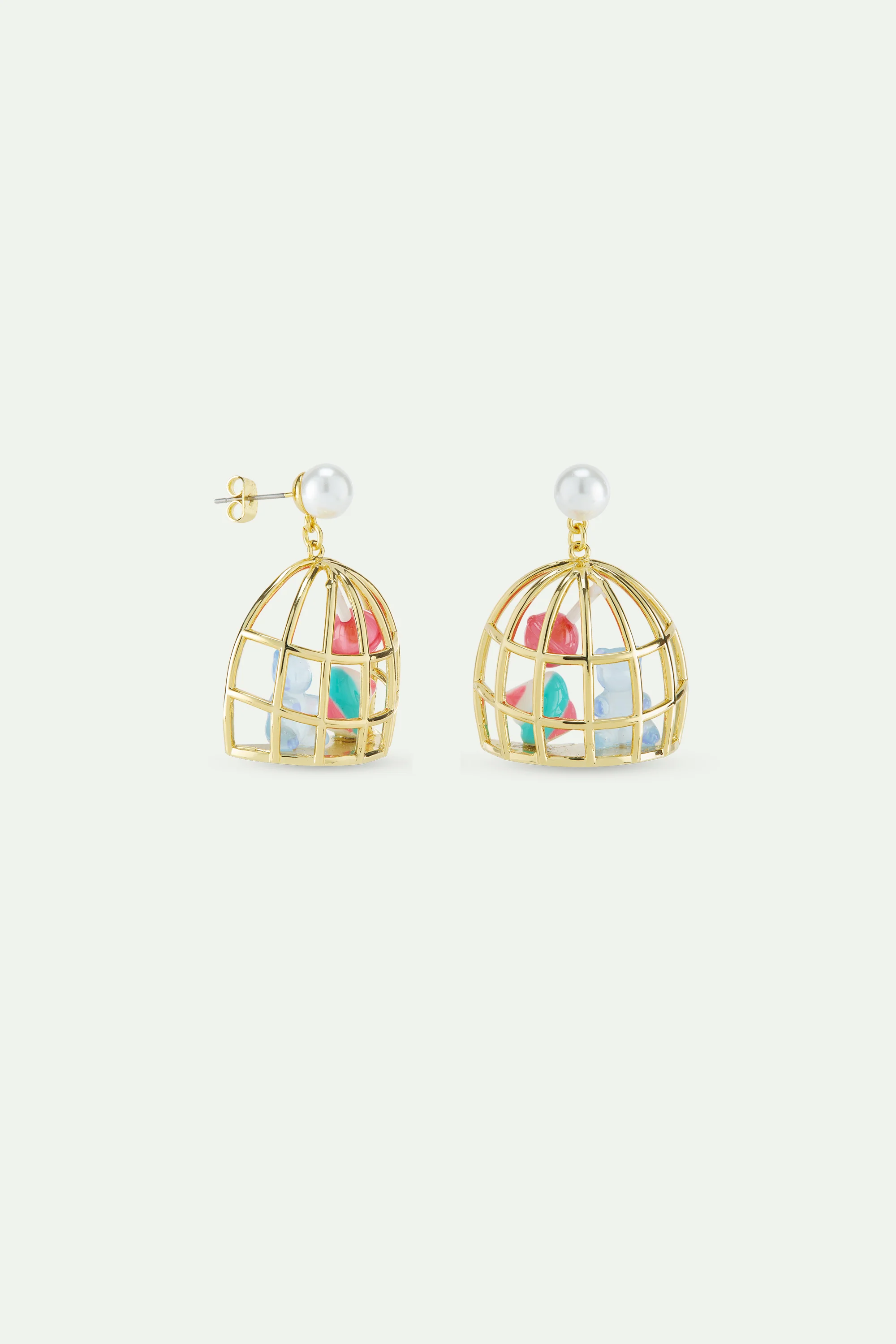 Boucles d'oreilles cage dorée nounours candy bleu, guimauve et sucette - Image 2