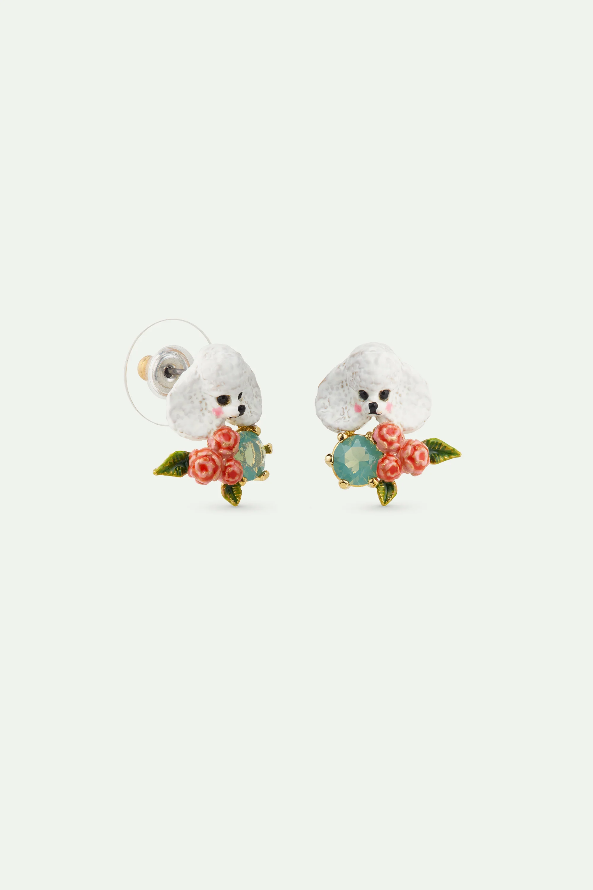 Boucles d'oreilles caniche, fleurs roses et pierre bleue - Image 2