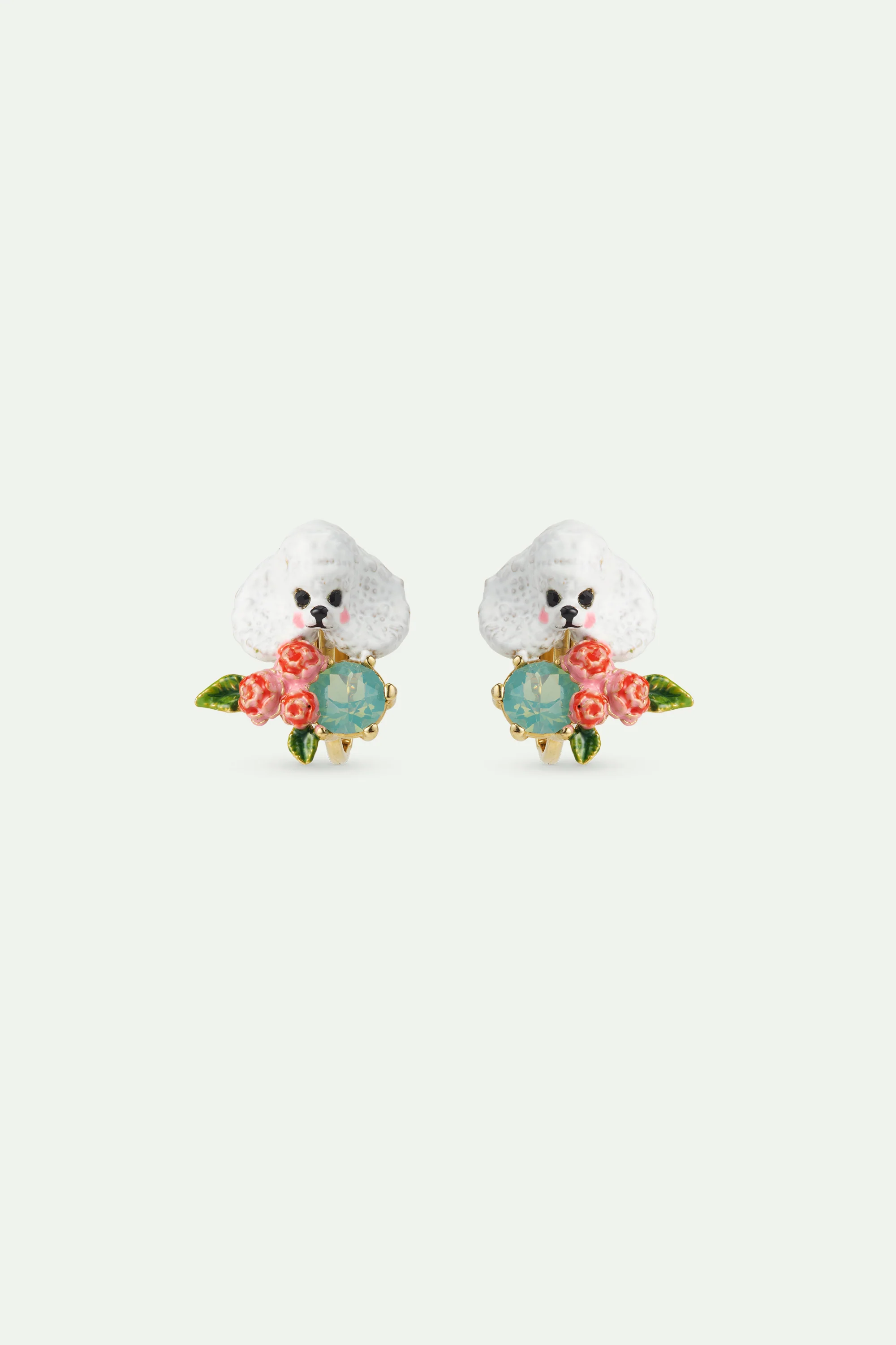 Boucles d'oreilles caniche, fleurs roses et pierre bleue - Image 3