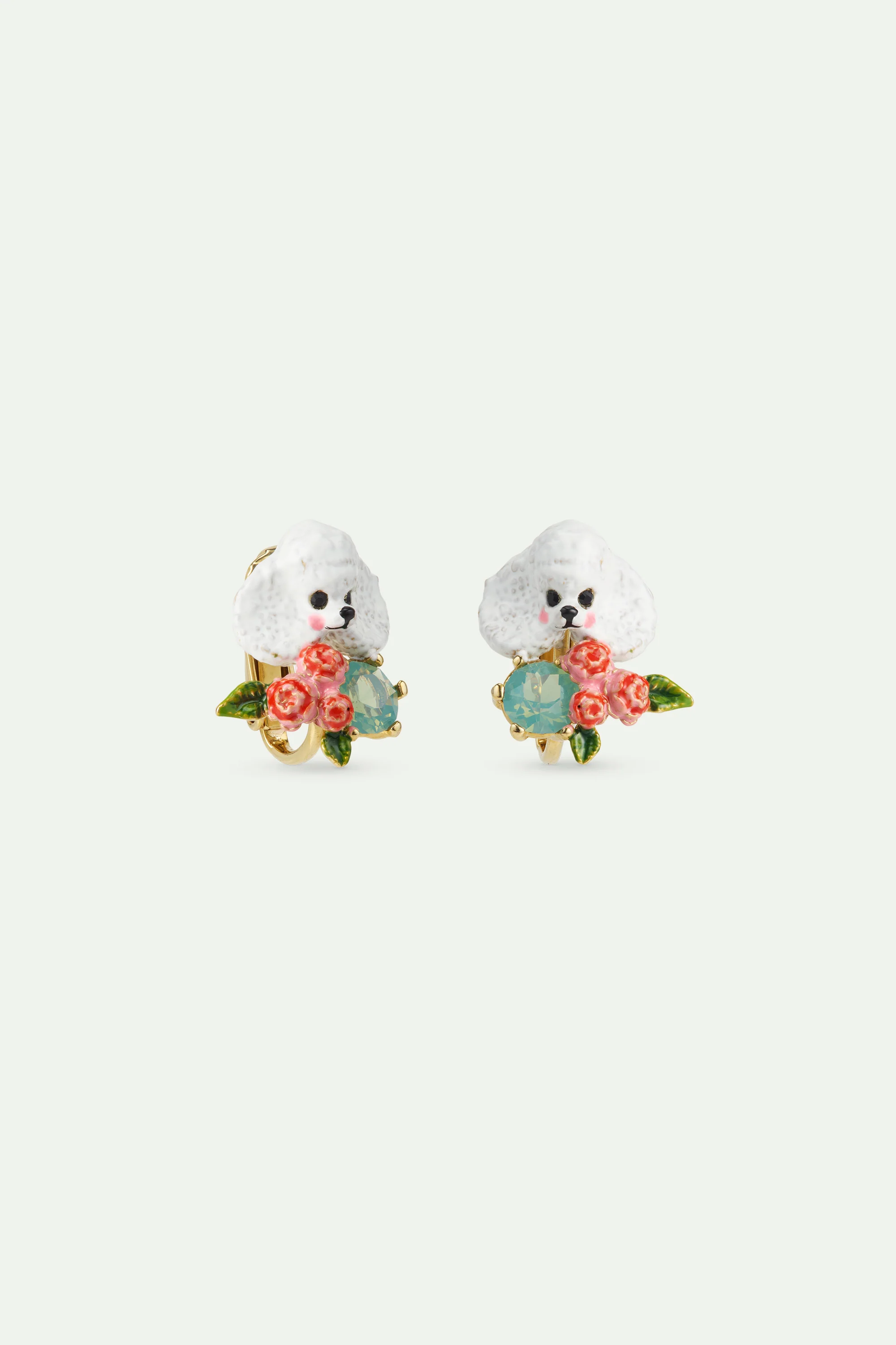 Boucles d'oreilles caniche, fleurs roses et pierre bleue - Image 4