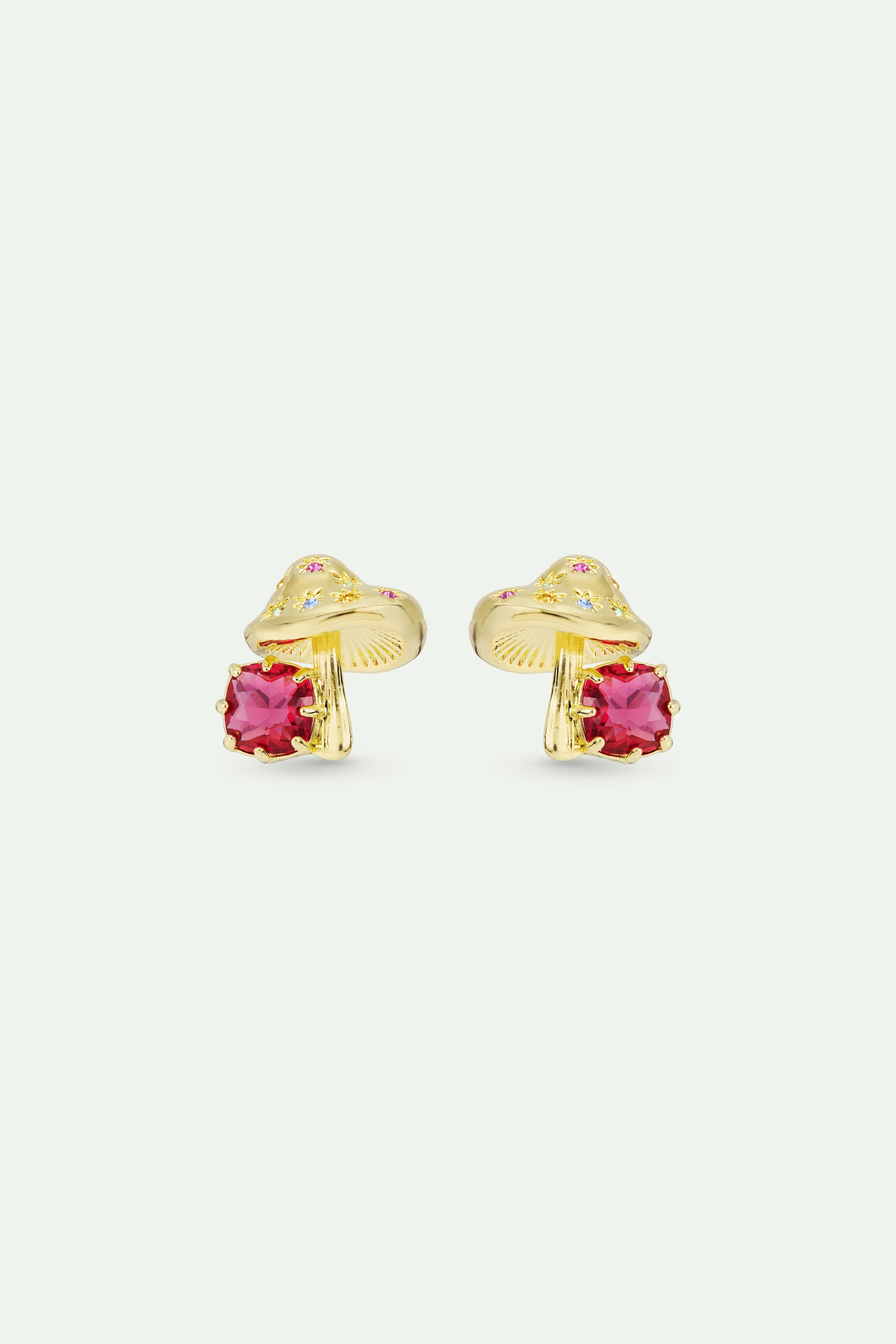 Boucles d'oreilles champignon doré et pierre facettée rose