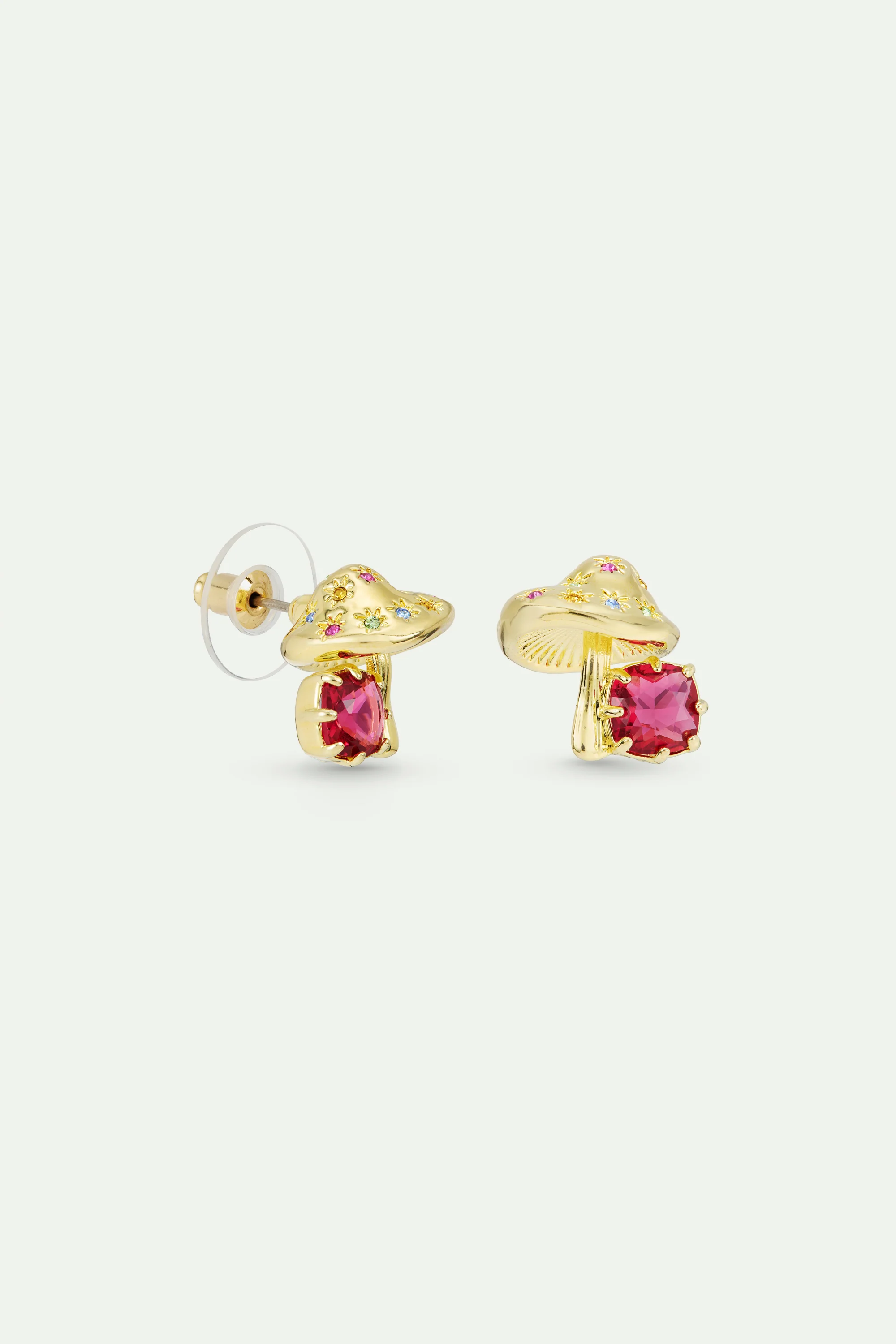 Boucles d'oreilles champignon doré et pierre facettée rose - Image 3